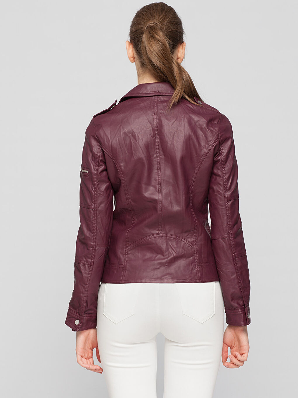 Fuşya Kirli Bordo Deri Görünümlü Mont-1