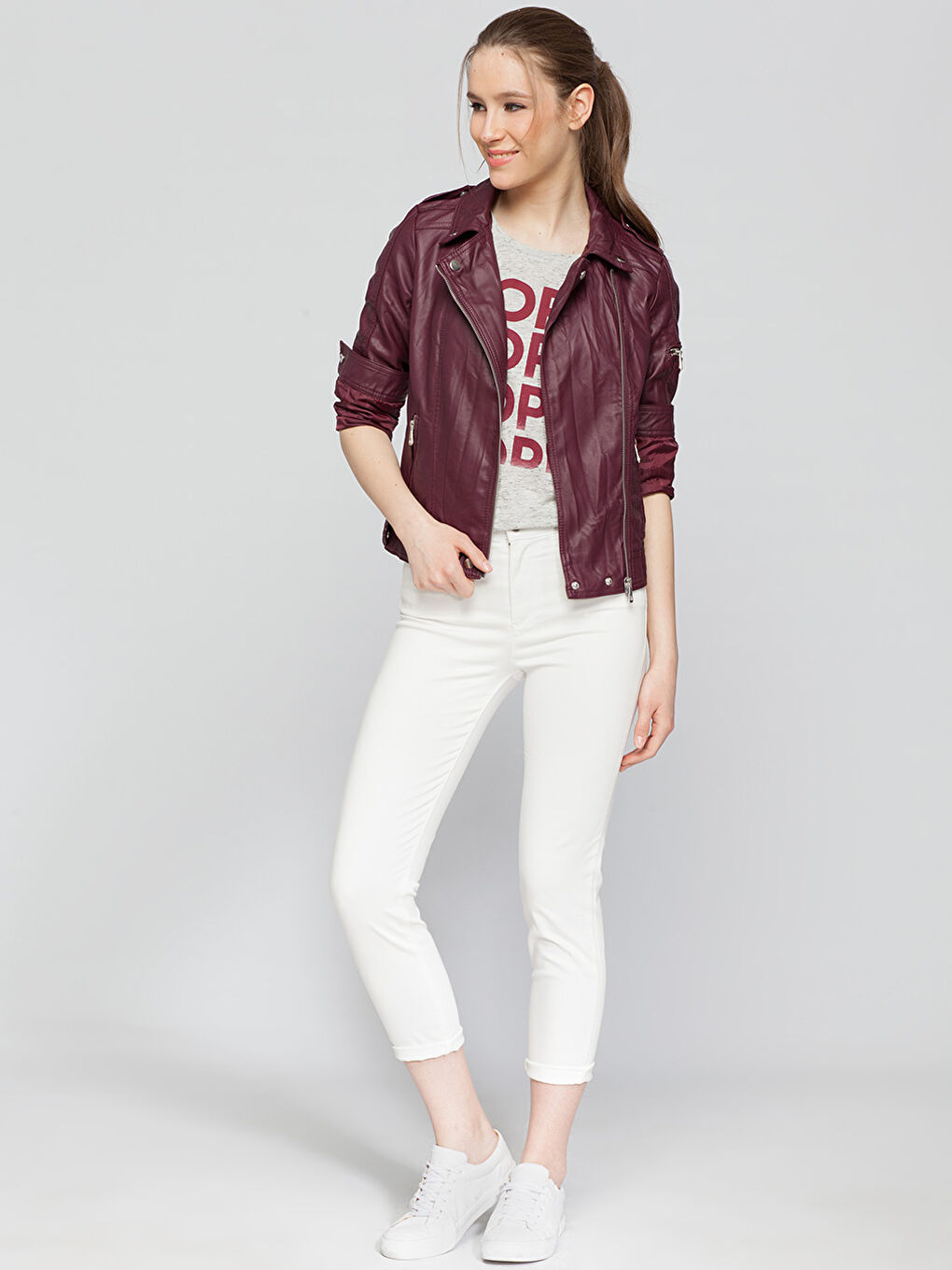 Fuşya Kirli Bordo Deri Görünümlü Mont-2