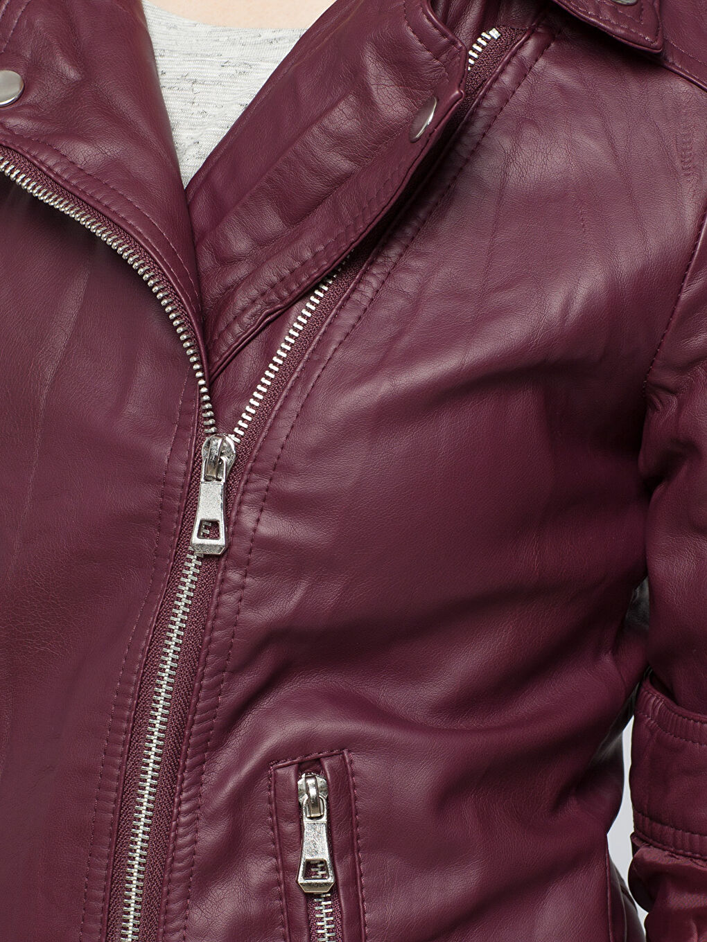 Fuşya Kirli Bordo Deri Görünümlü Mont-3