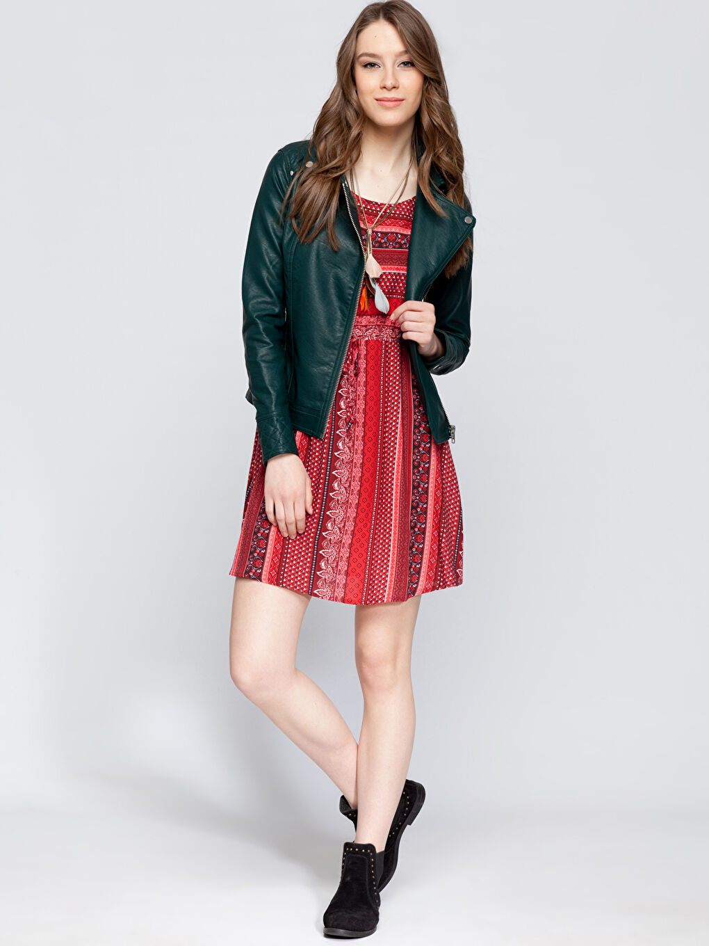 Orman Yeşili Deri Görünümlü Mont-2