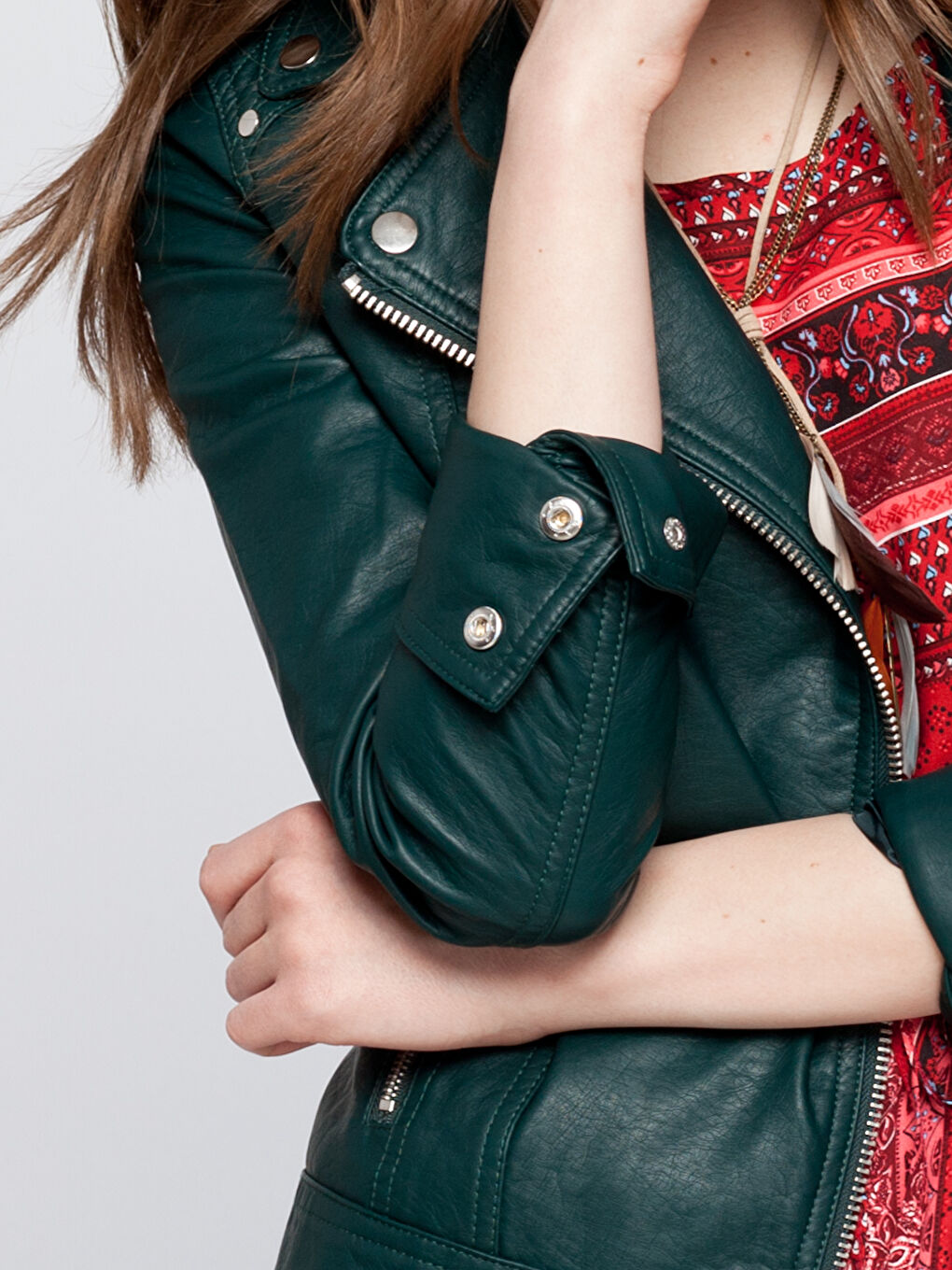 Orman Yeşili Deri Görünümlü Mont-3