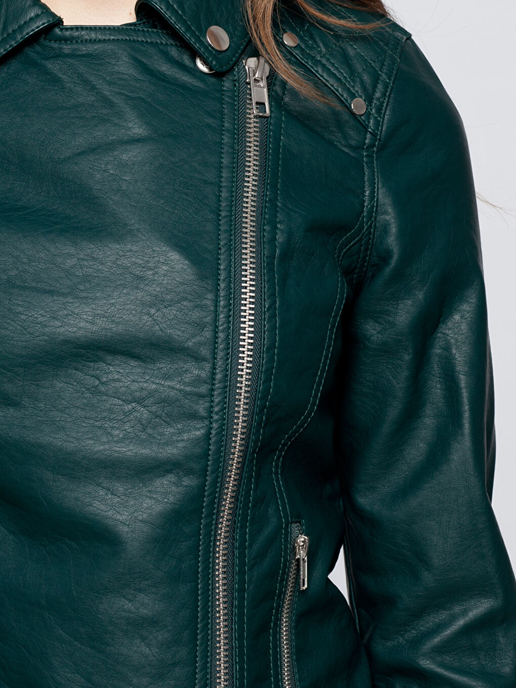 Orman Yeşili Deri Görünümlü Mont-4