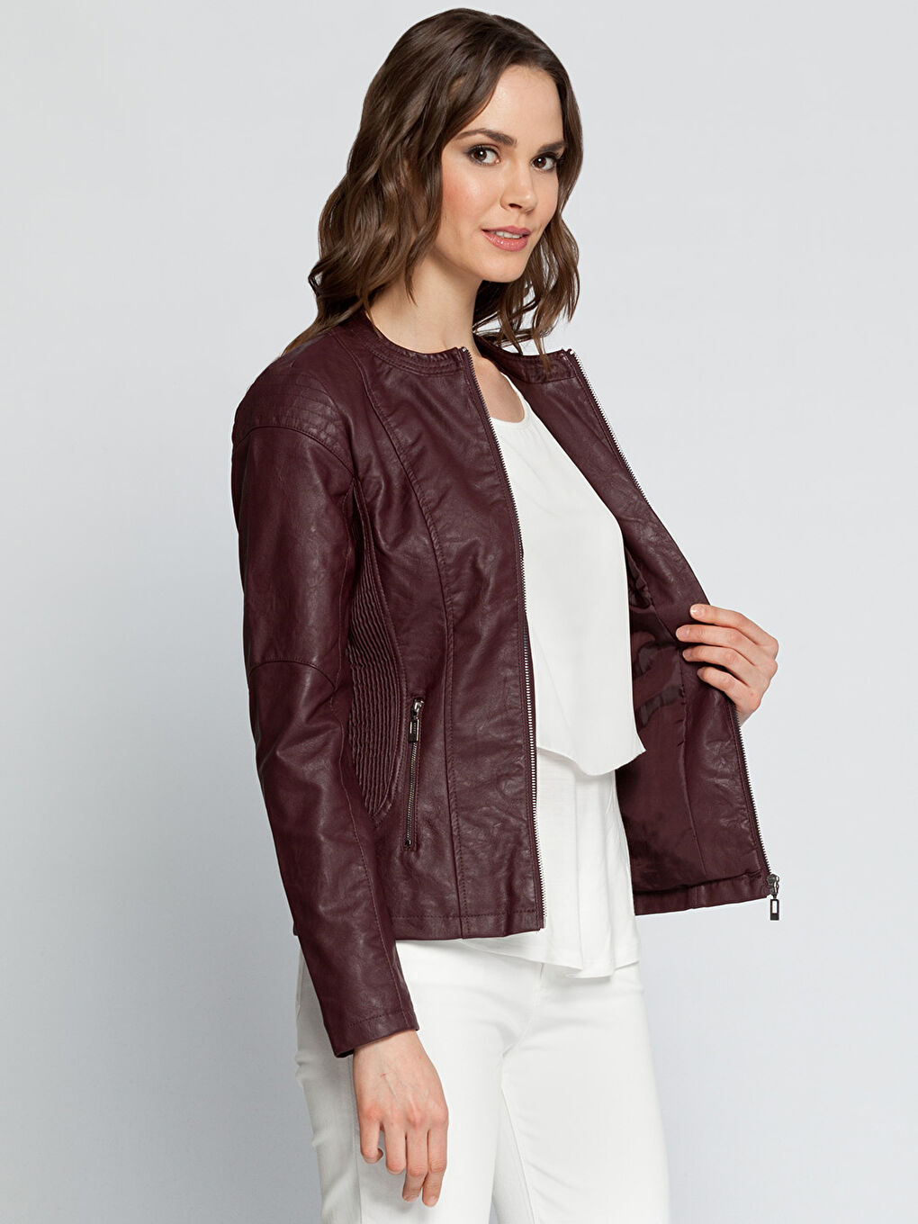 Bordo Deri Görünümlü Mont-1