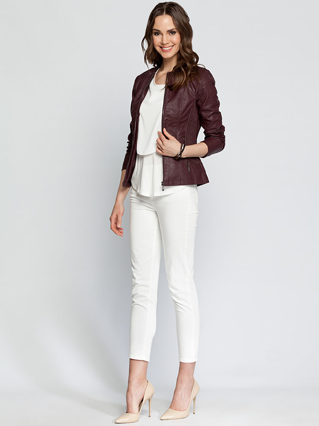 Bordo Deri Görünümlü Mont-3