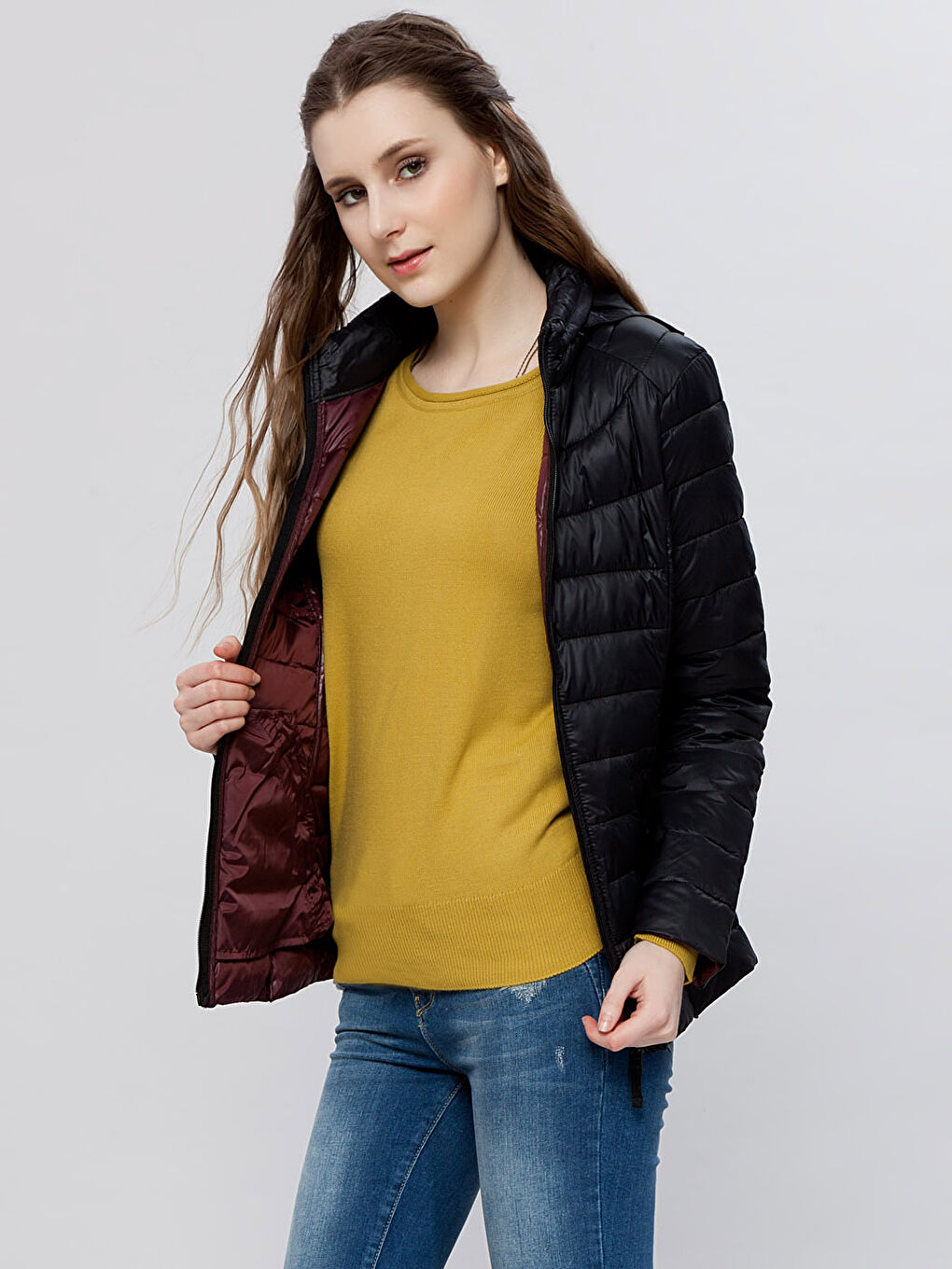 بالطو نسائي بياقة قمع وكم طويل عادي-1