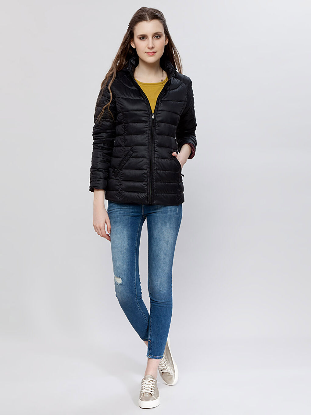 بالطو نسائي بياقة قمع وكم طويل عادي-4