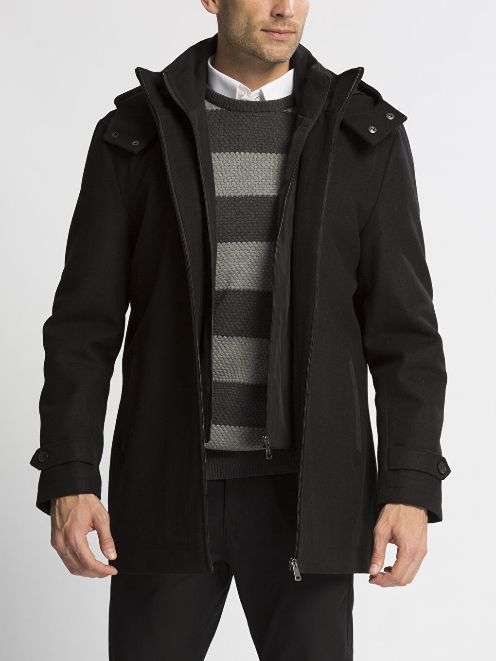 Siyah Kalın Yün Karışımlı Kaşe Kaban