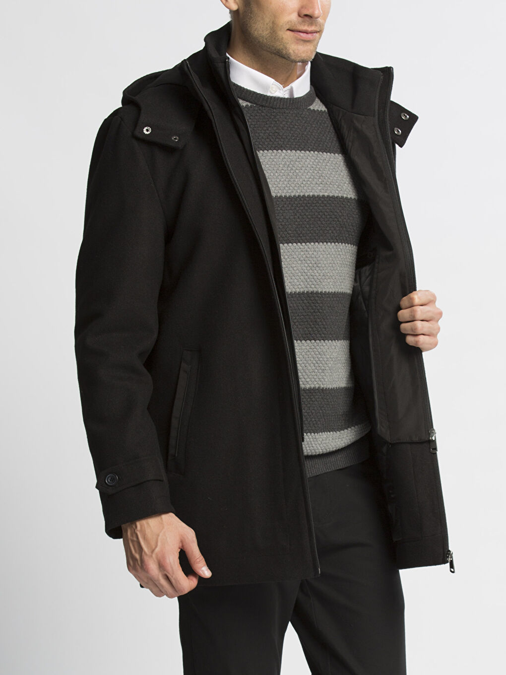 Siyah Kalın Yün Karışımlı Kaşe Kaban-1