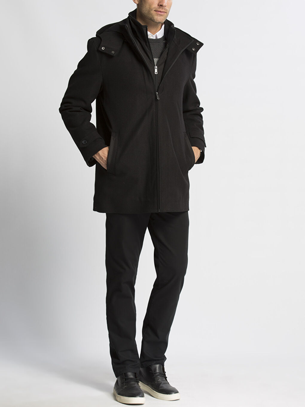 Siyah Kalın Yün Karışımlı Kaşe Kaban-3