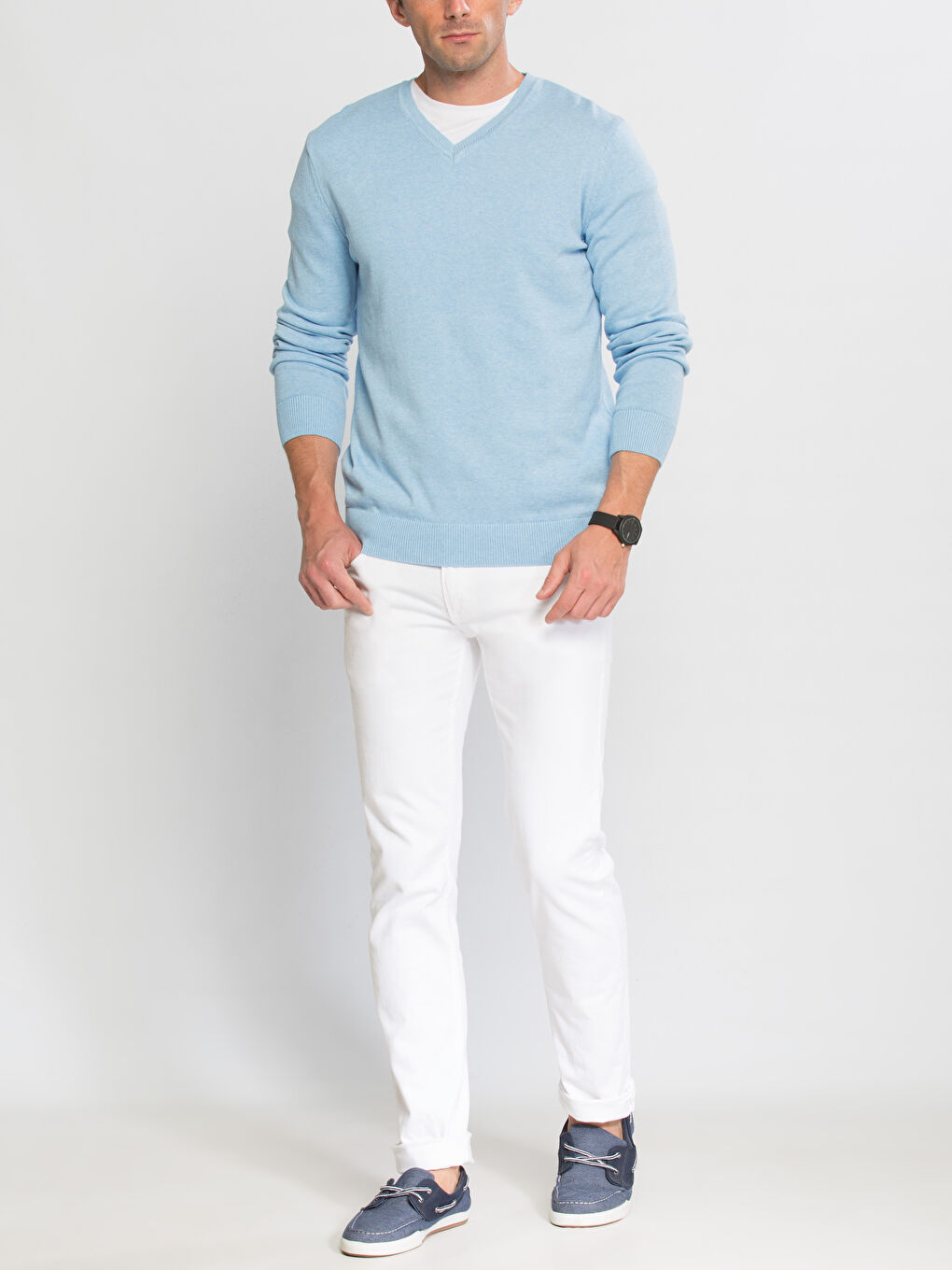 Mavi V Yaka Basic İnce Triko Kazak-2