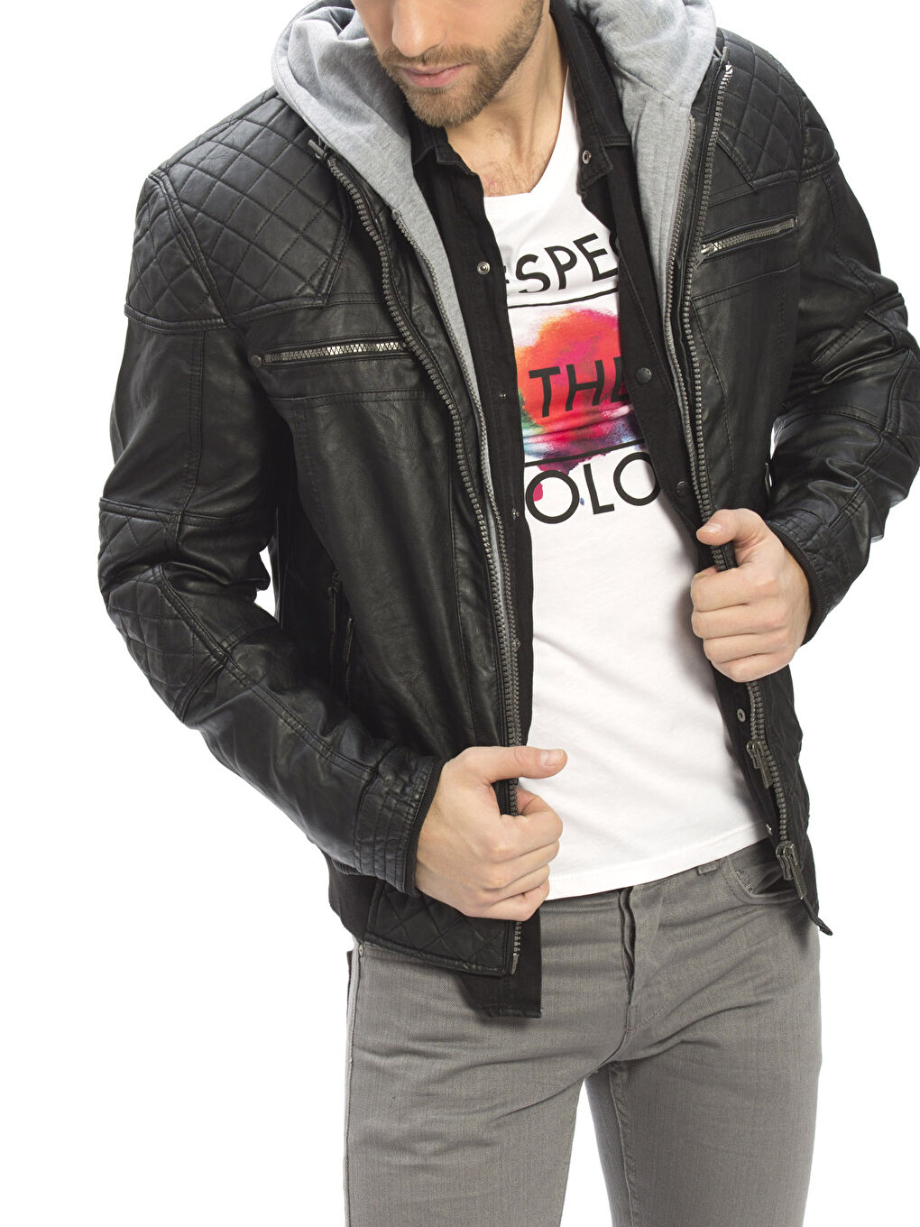 Siyah Deri Görünümlü Mont