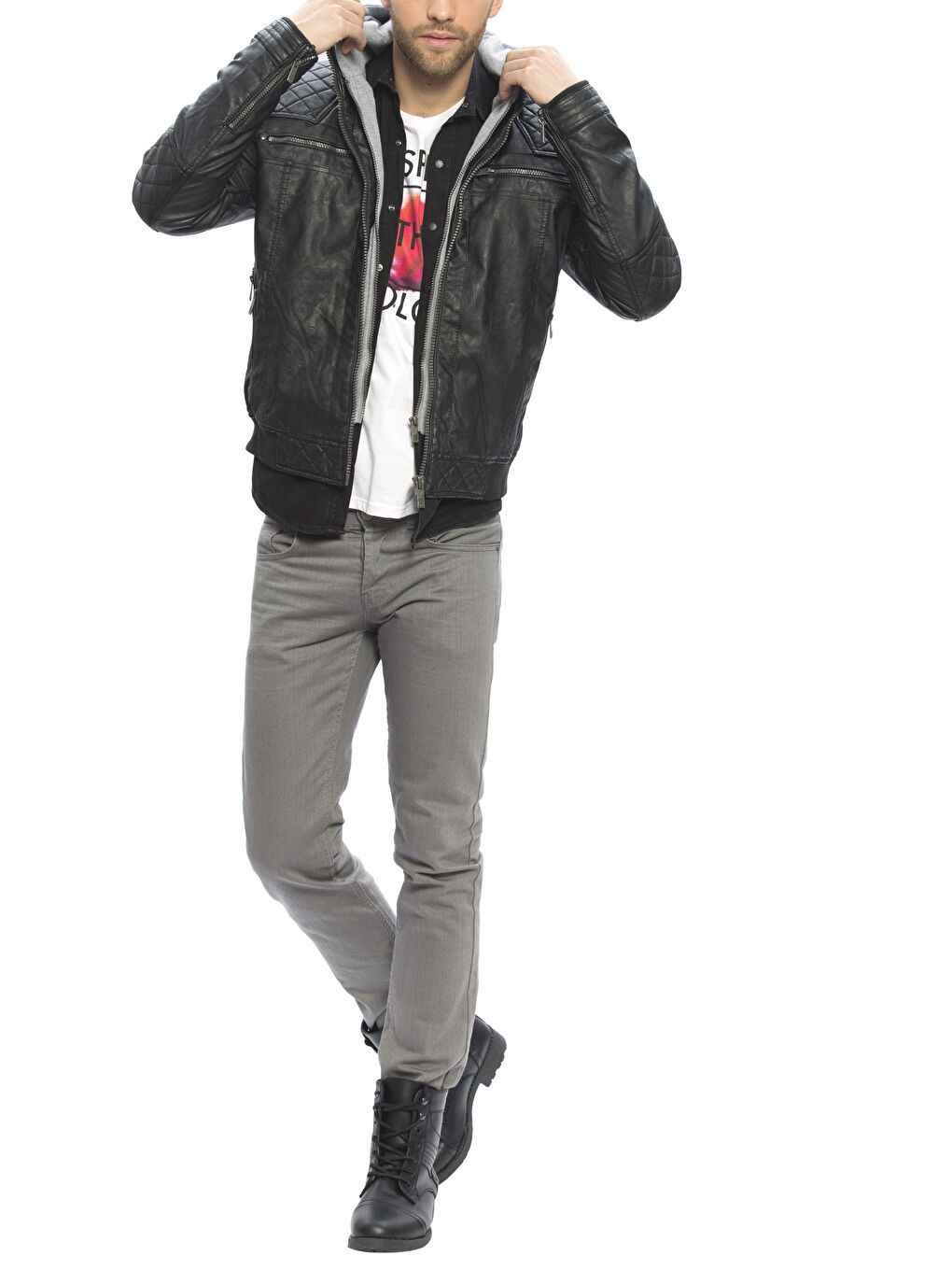 Siyah Deri Görünümlü Mont-3