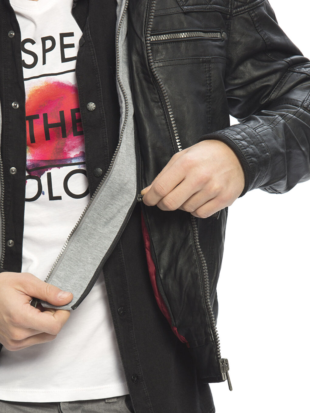 Siyah Deri Görünümlü Mont-4