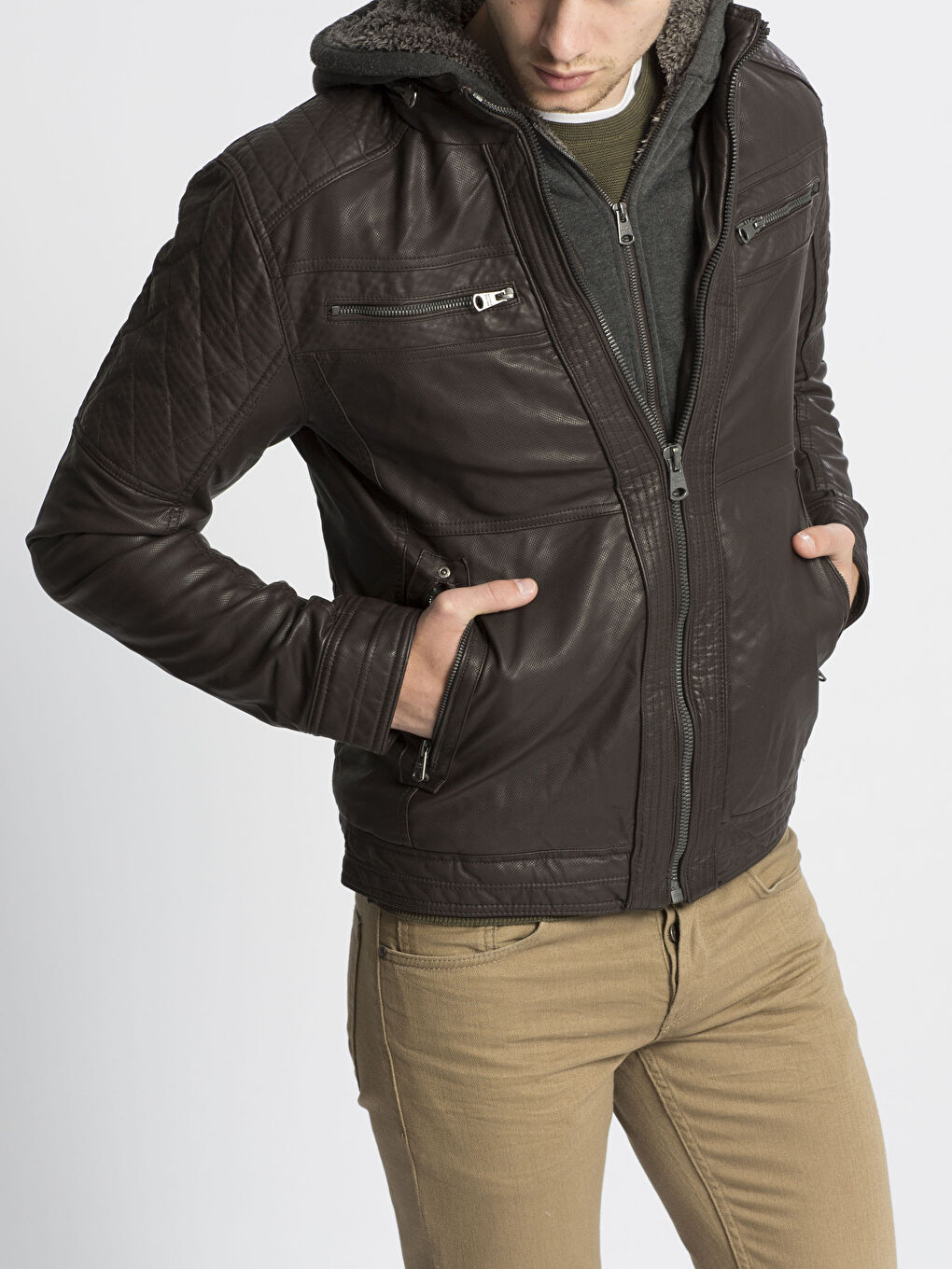 Kahverengi K.Kahve Deri Görünümlü Mont