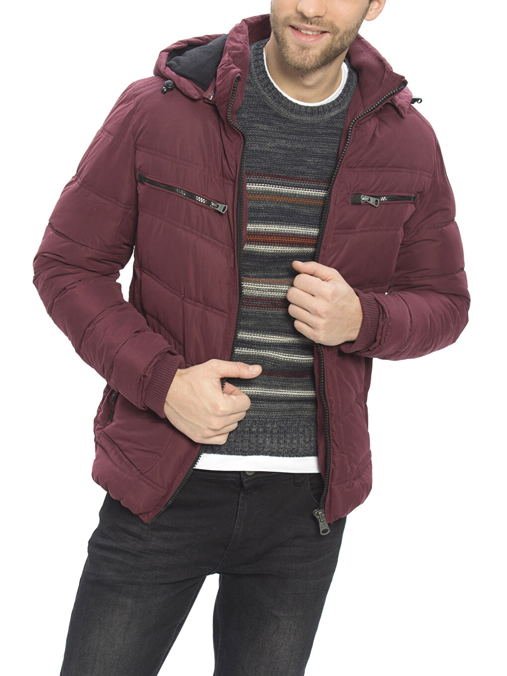 Bordo Kapüşonlu Kalın Şişme Mont