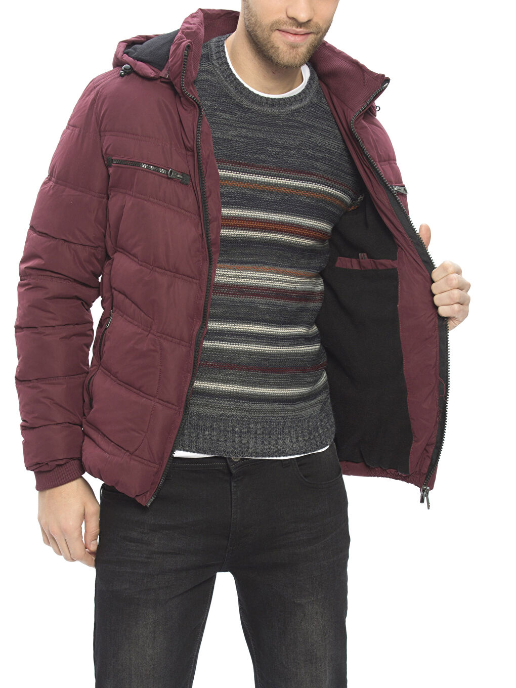 Bordo Kapüşonlu Kalın Şişme Mont-1