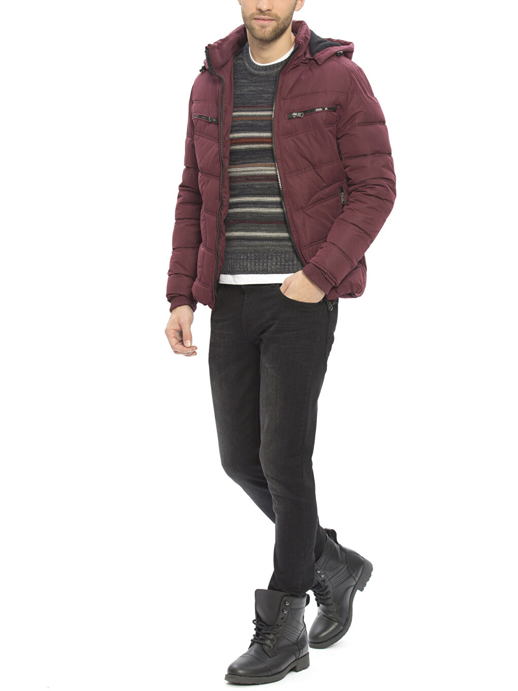 Bordo Kapüşonlu Kalın Şişme Mont-3