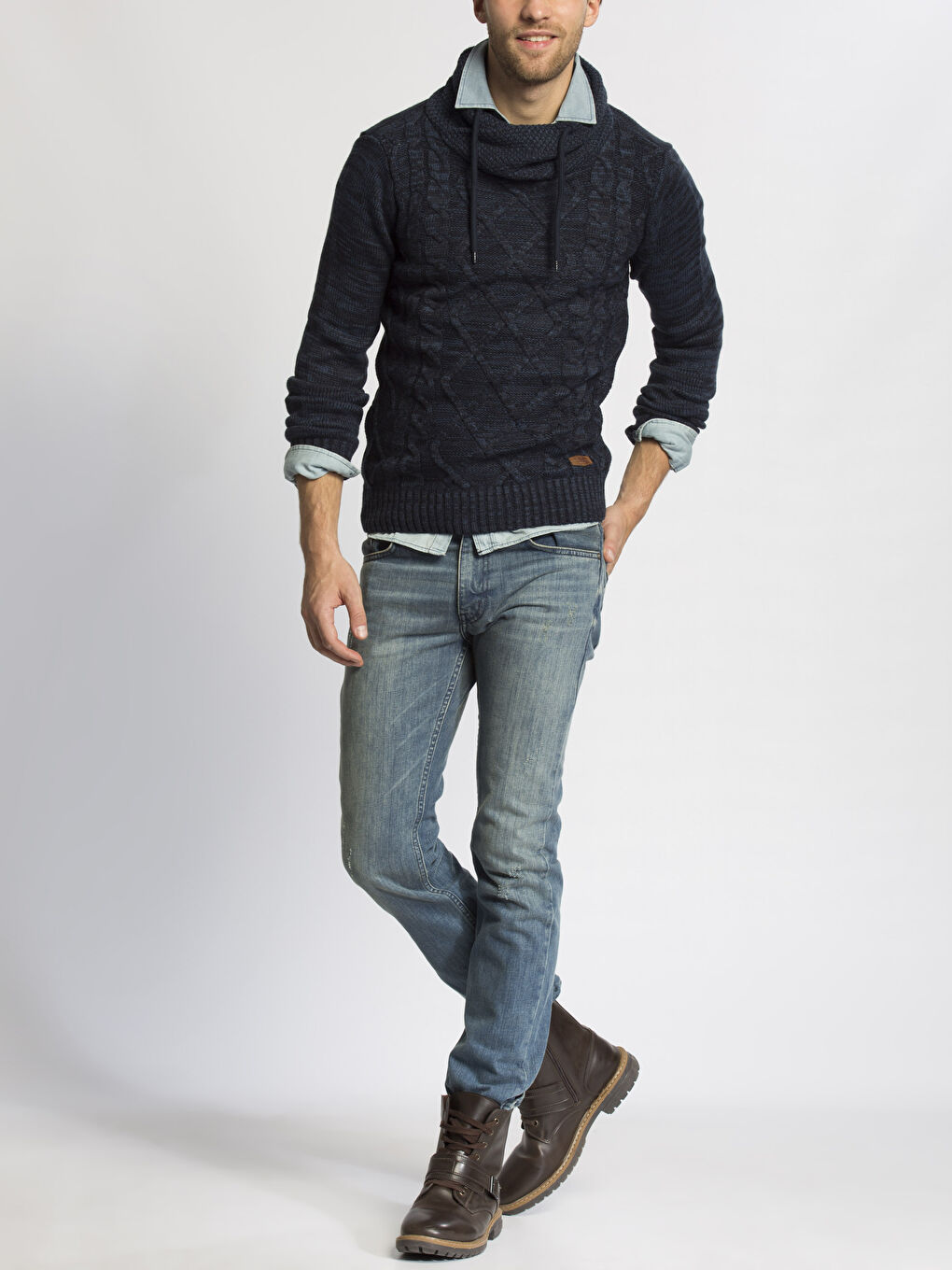 Lacivert Regular Fit Saç Örgüsü Desenli Erkek Triko Kazak-2