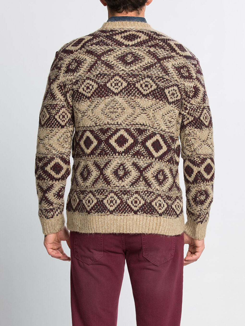 Bej Bisiklet Yaka Desenli Triko Kazak-5