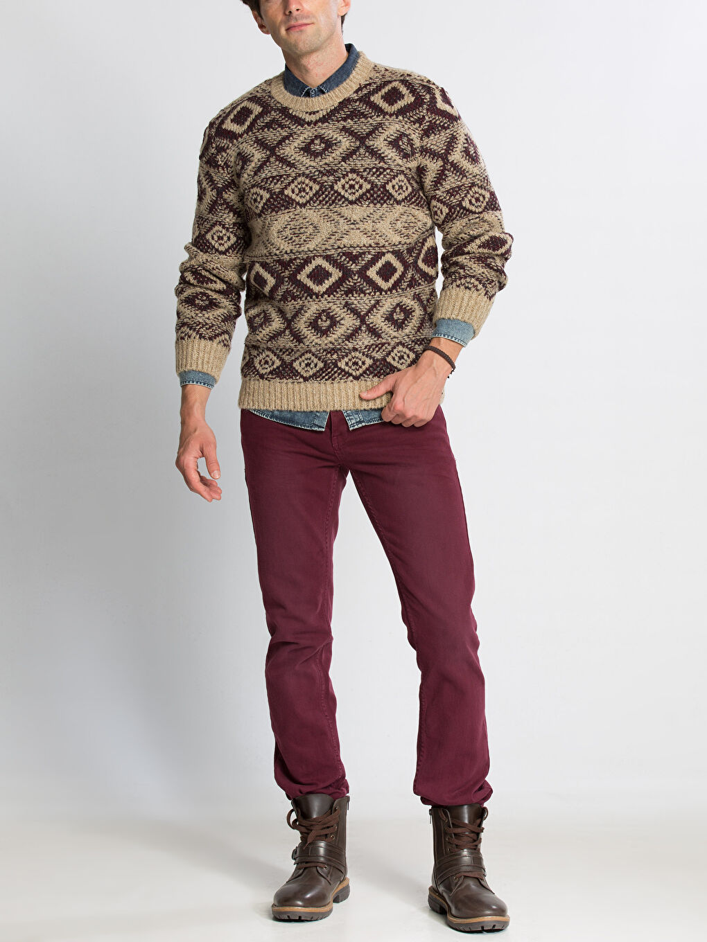 Bej Bisiklet Yaka Desenli Triko Kazak-6