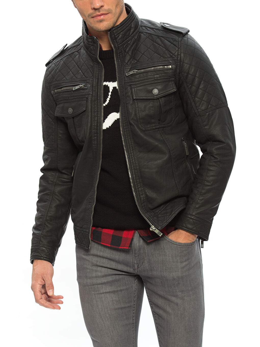 Bordo-Koyu Mavi-Haki Deri Görünümlü Mont