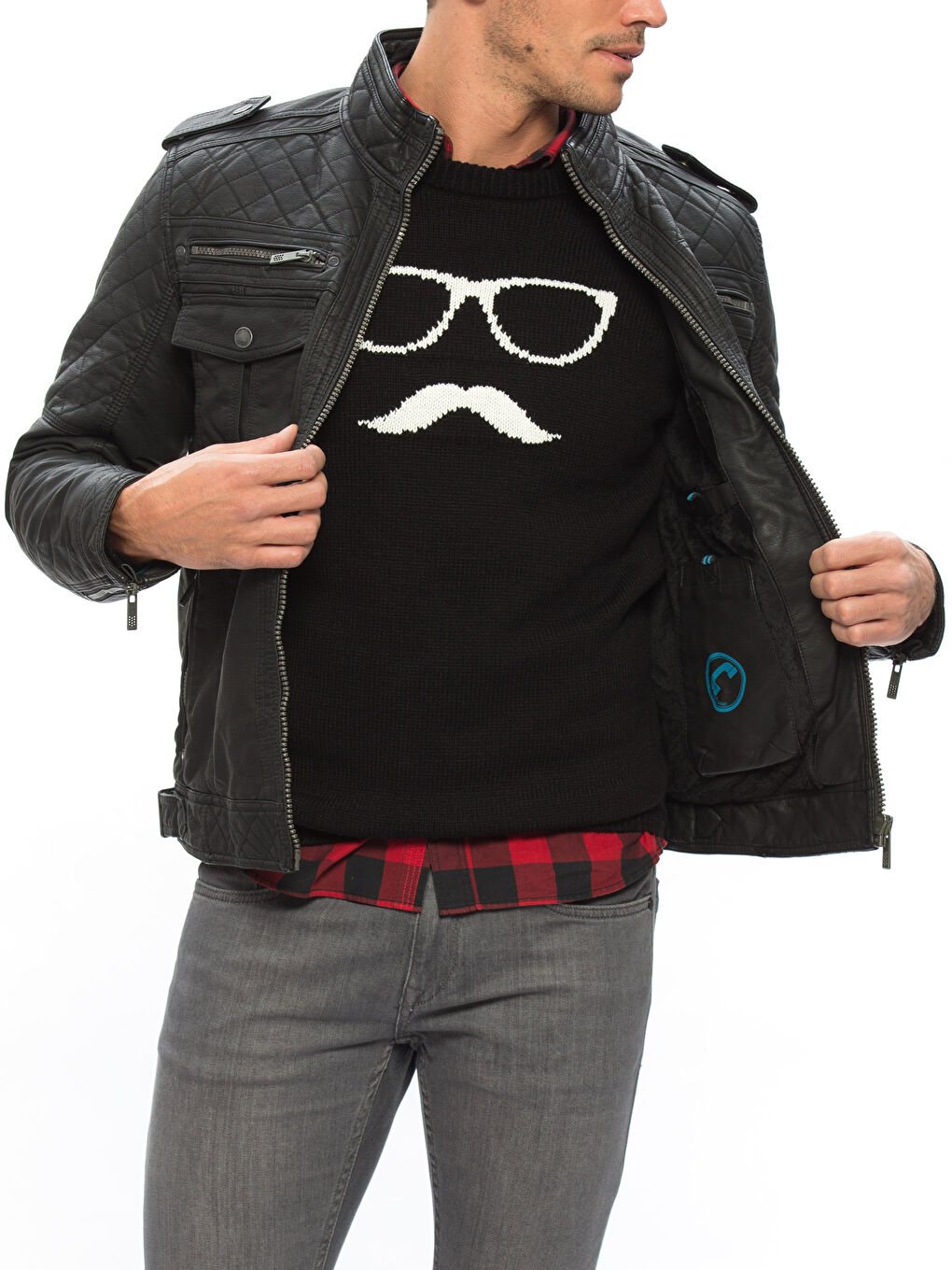 Bordo-Koyu Mavi-Haki Deri Görünümlü Mont-1