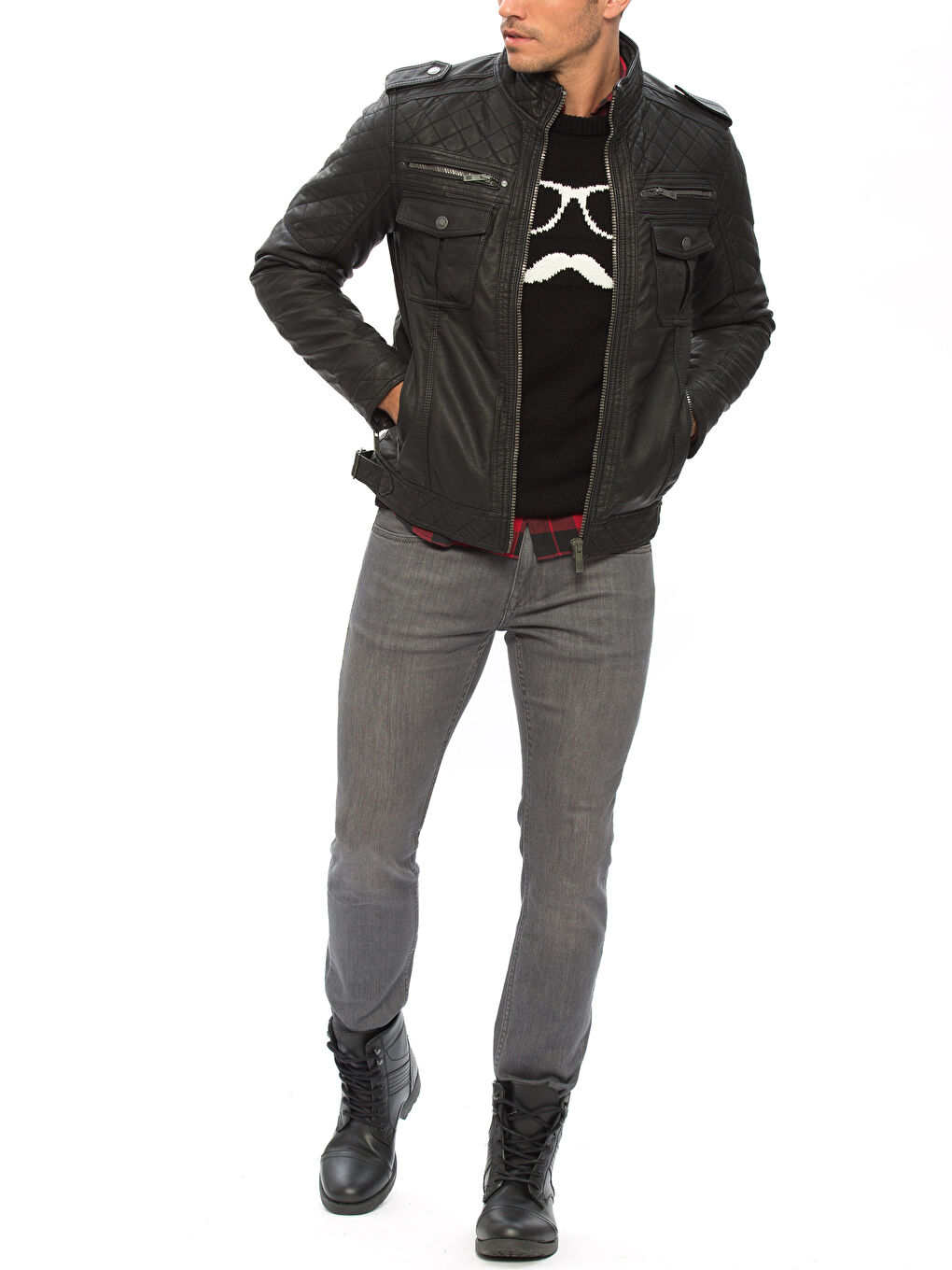 Bordo-Koyu Mavi-Haki Deri Görünümlü Mont-3