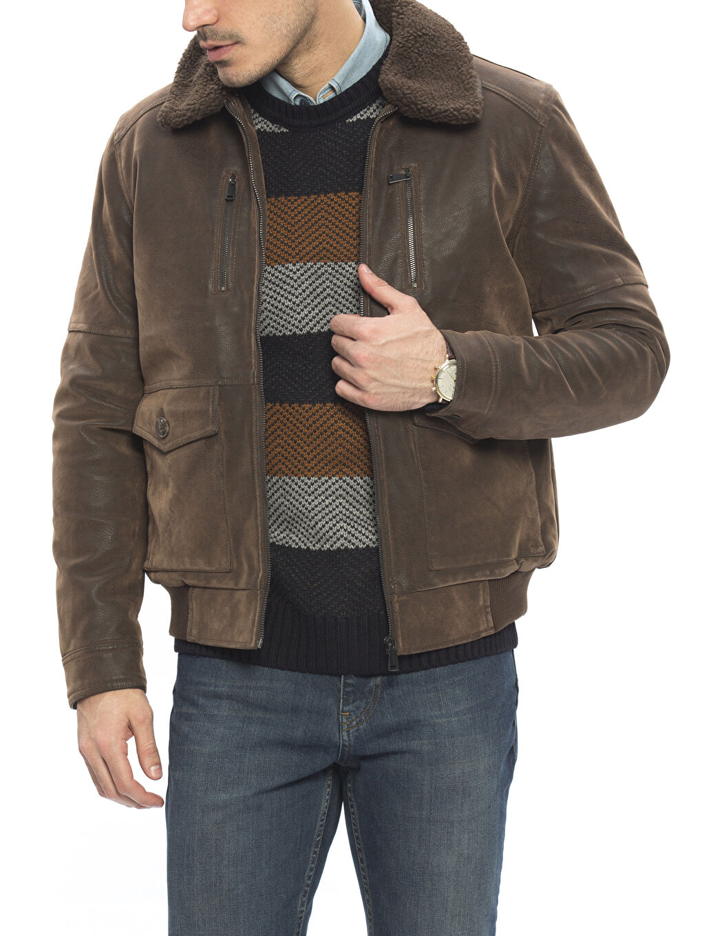 Kahverengi Açık Kahve Deri Görünümlü Mont