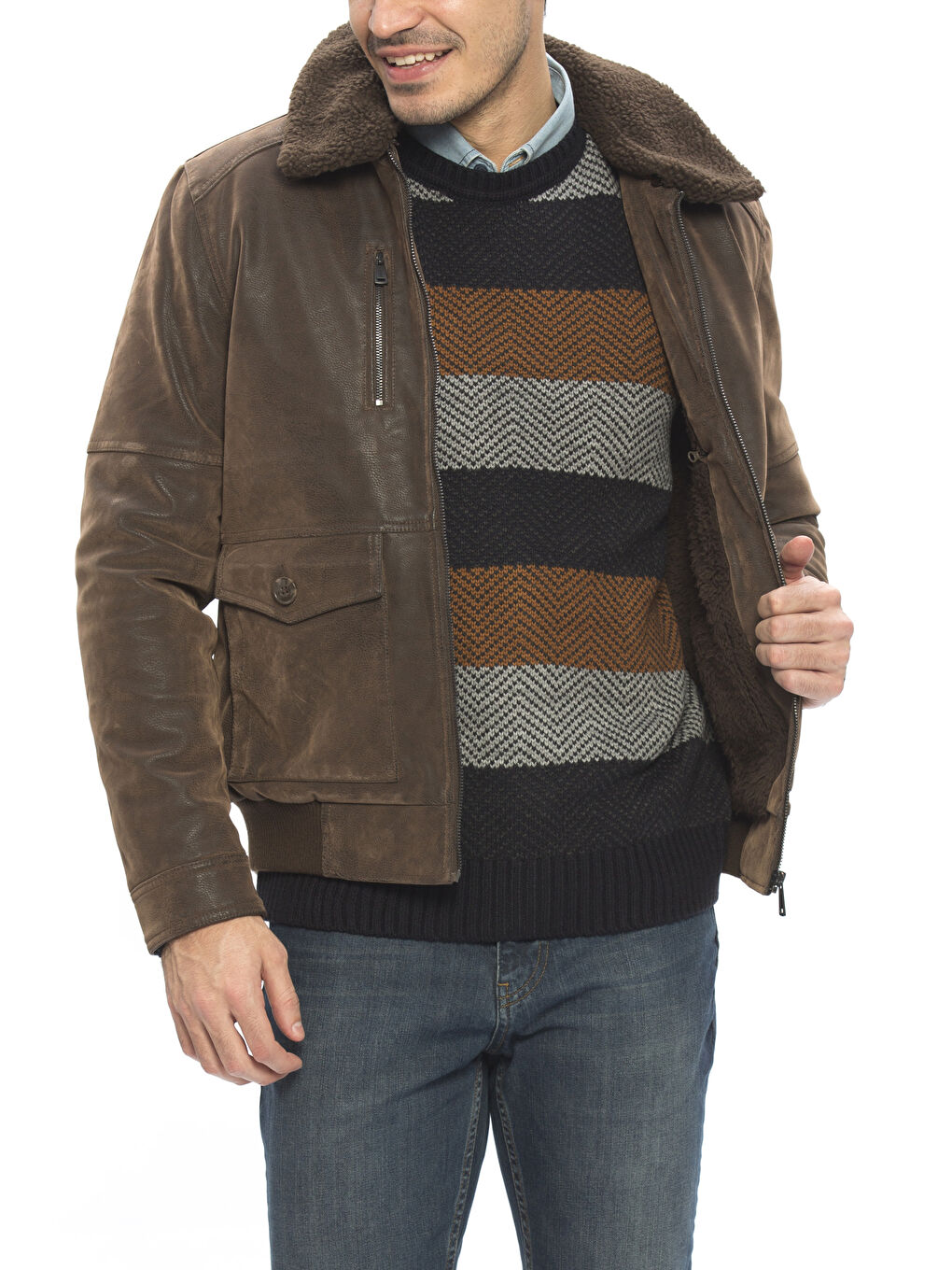 Kahverengi Açık Kahve Deri Görünümlü Mont-1