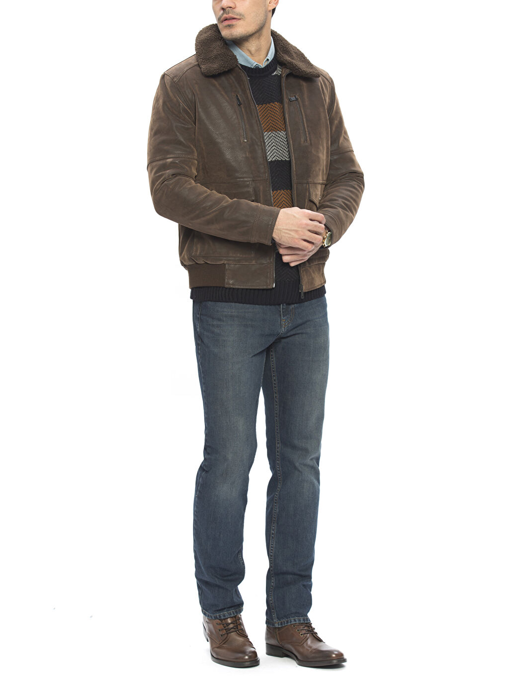 Kahverengi Açık Kahve Deri Görünümlü Mont-3