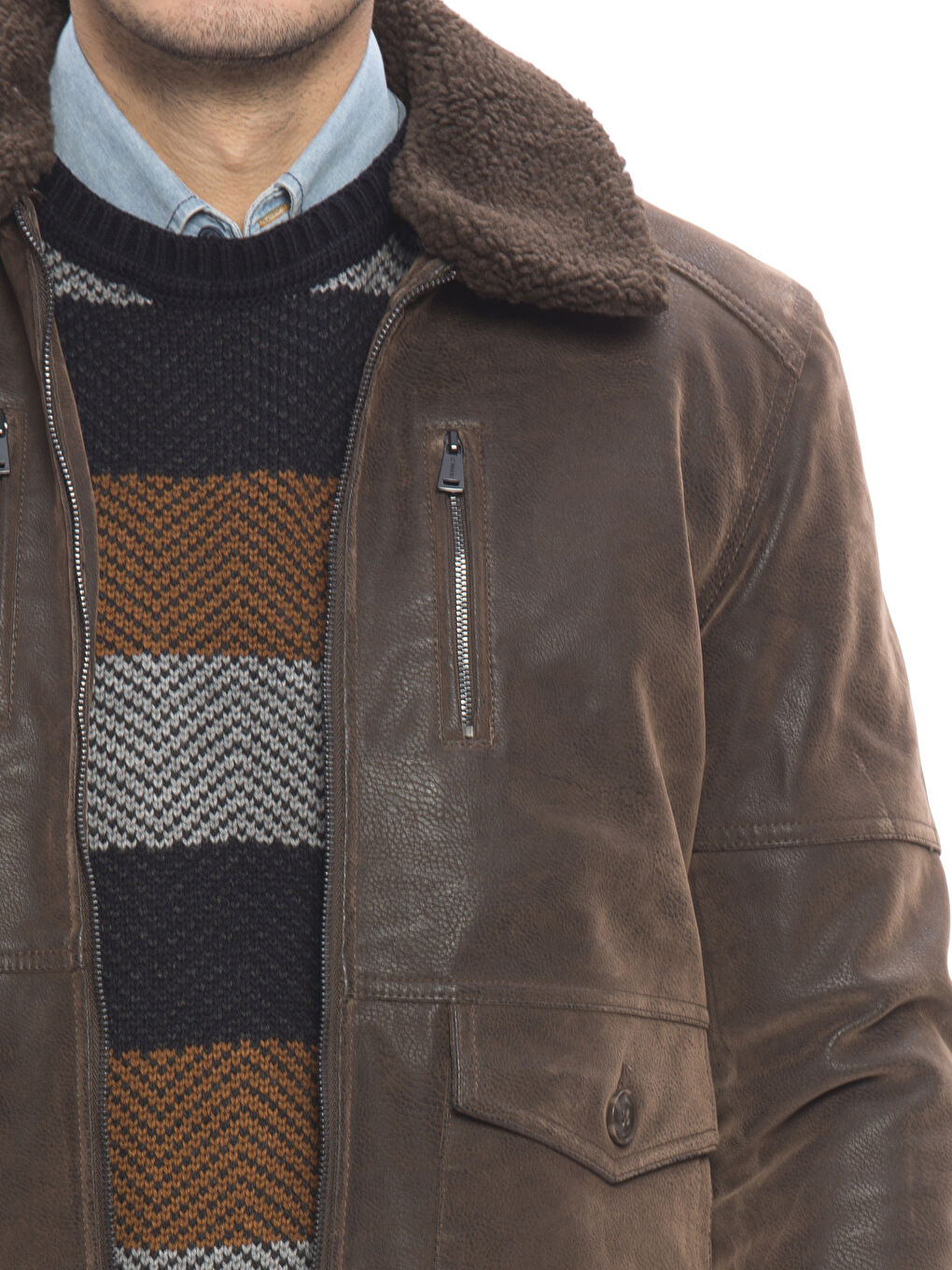 Kahverengi Açık Kahve Deri Görünümlü Mont-4