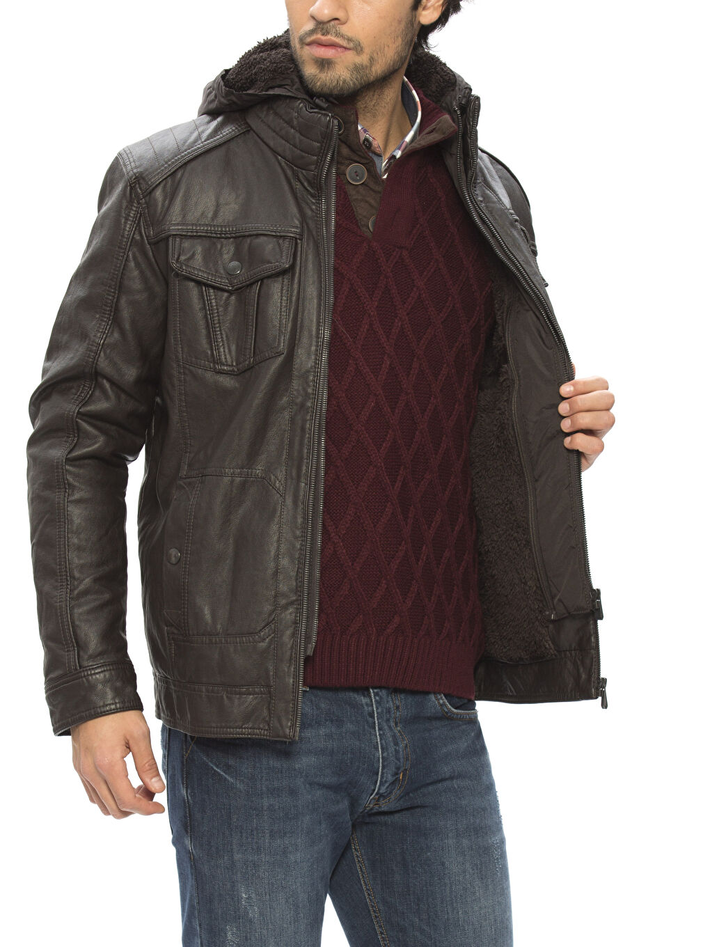 Kahverengi Koyu Kahverengı Deri Görünümlü Mont-1