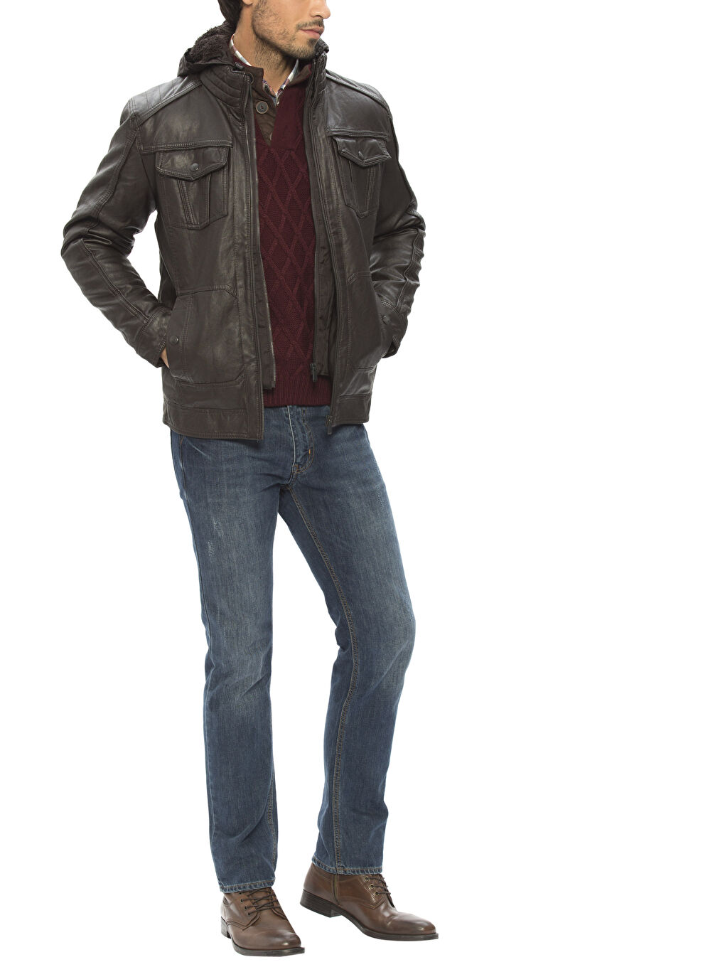 Kahverengi Koyu Kahverengı Deri Görünümlü Mont-3