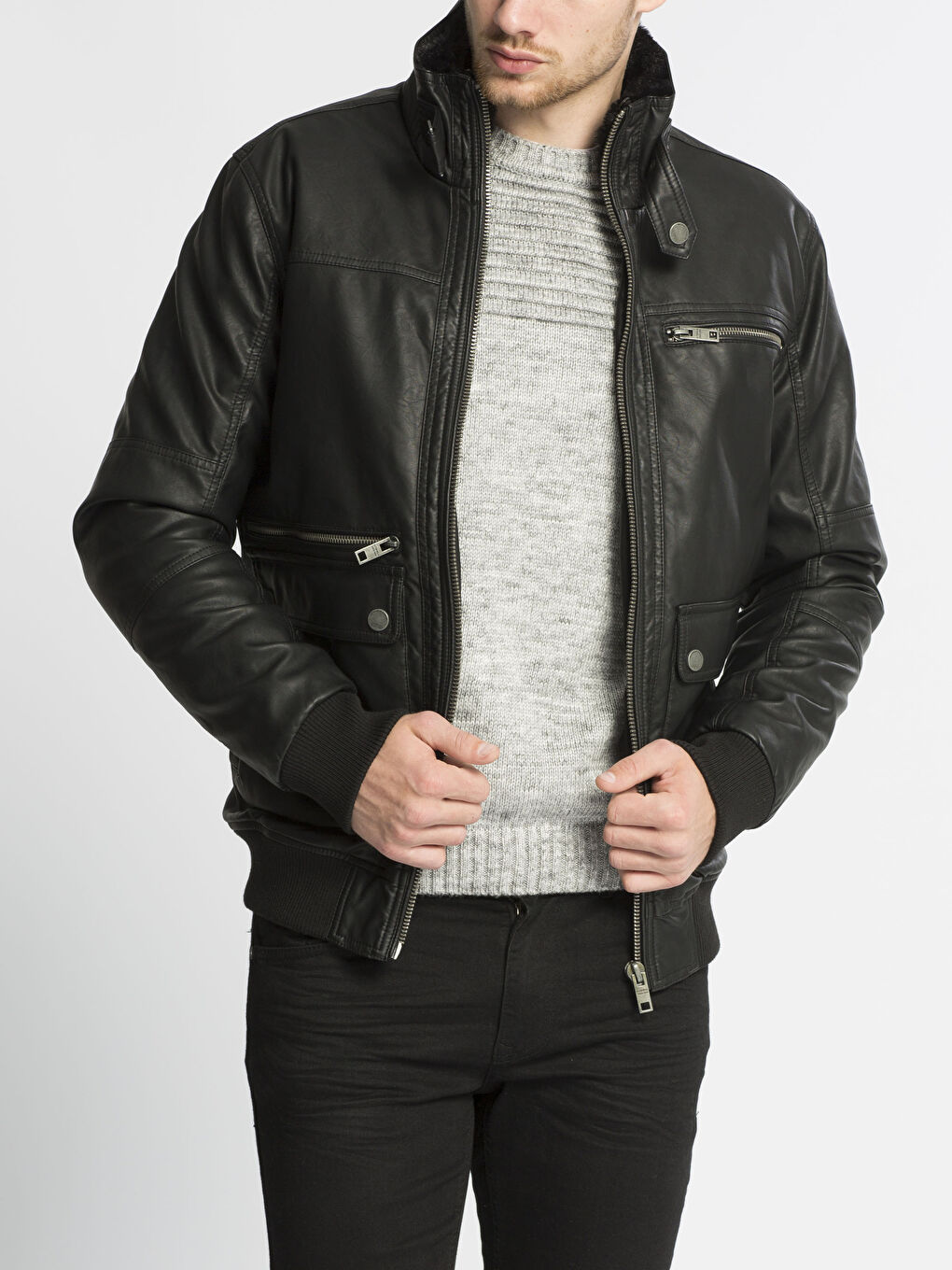 Yeni Siyah Deri Görünümlü Mont