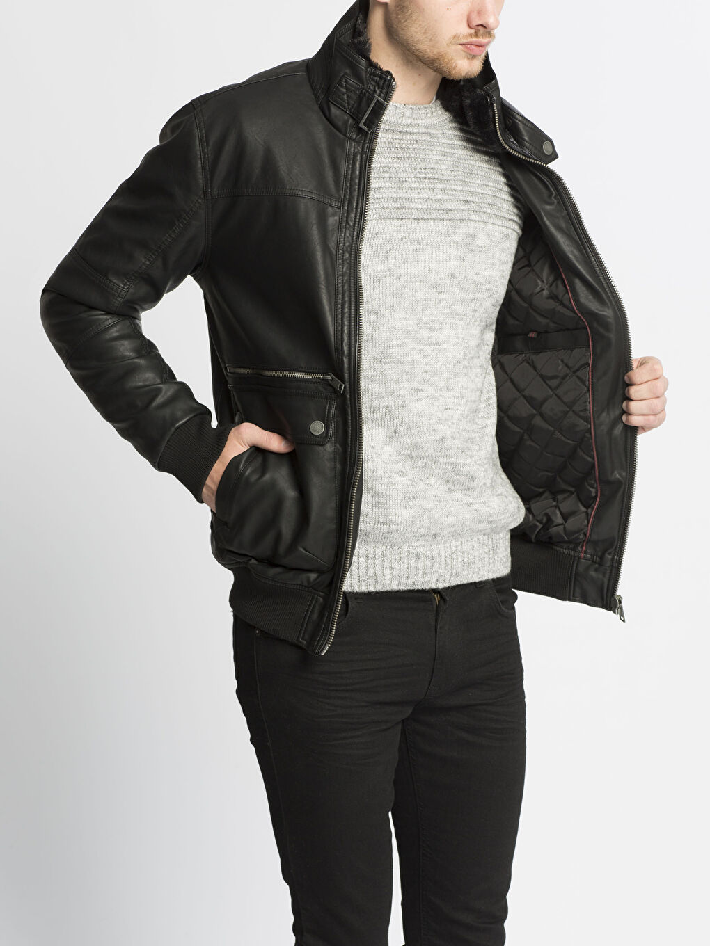 Yeni Siyah Deri Görünümlü Mont-1