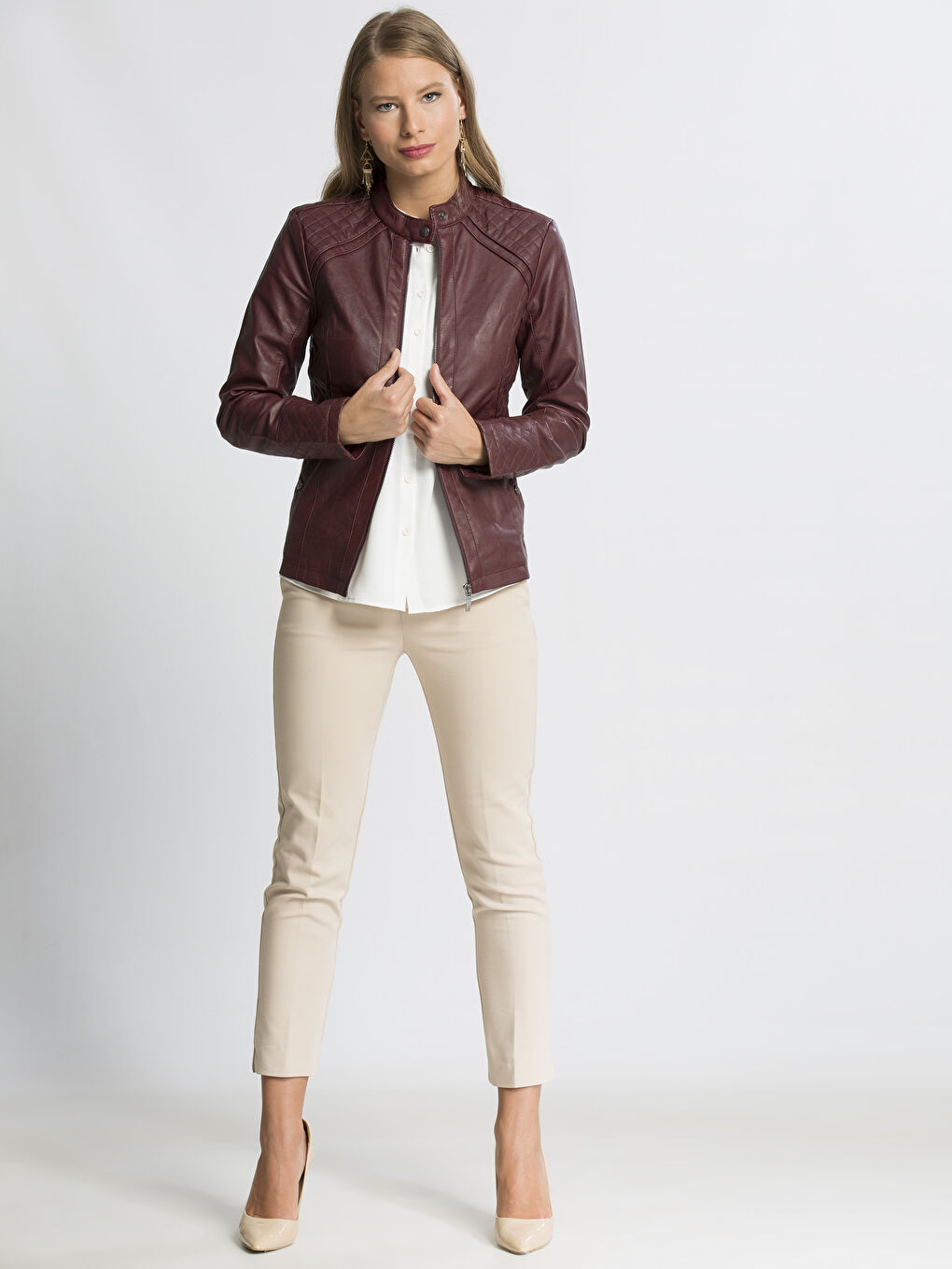 Bordo Deri Görünümlü Mont-2