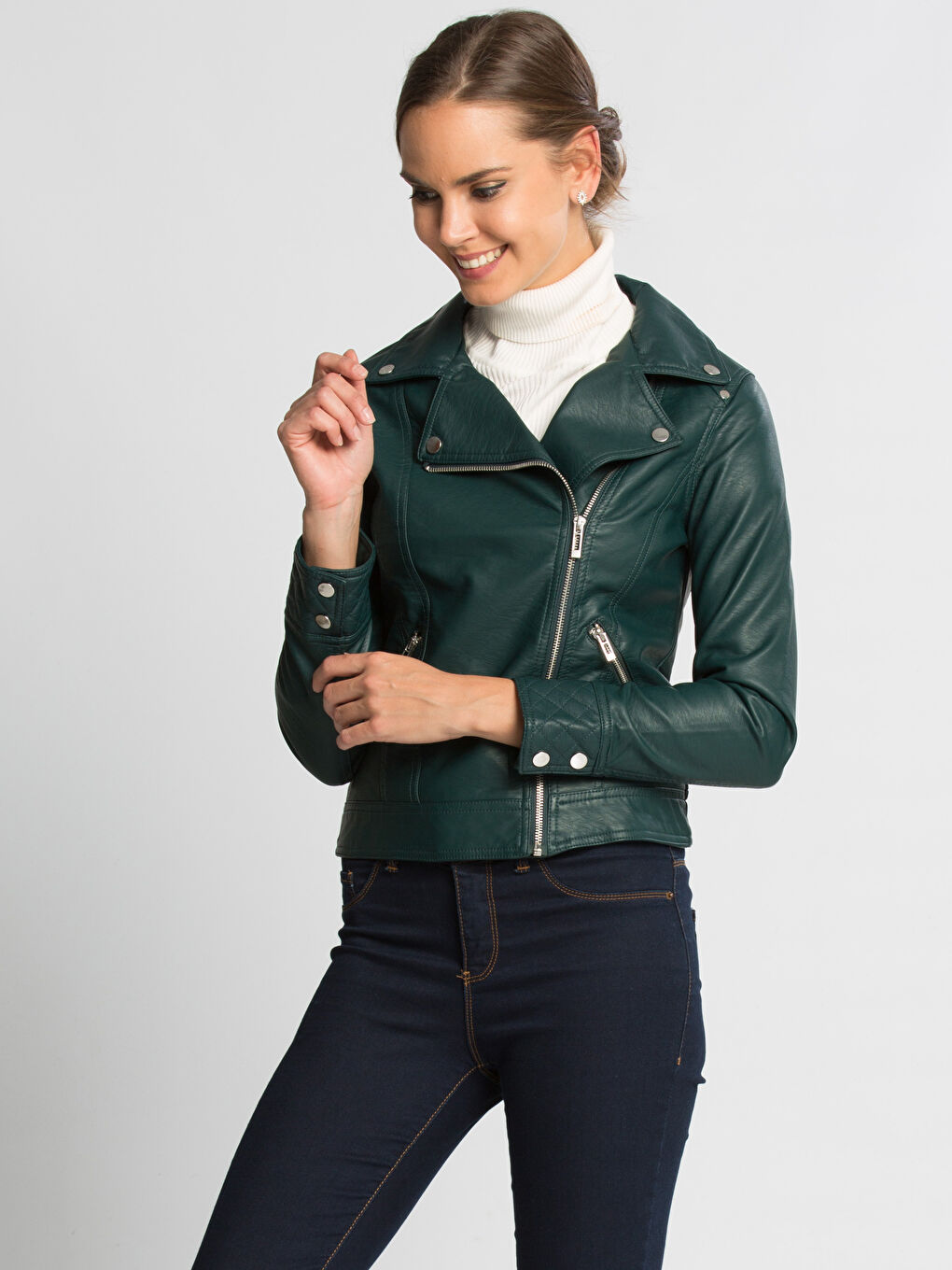 Orman Yeşili Deri Görünümlü Mont