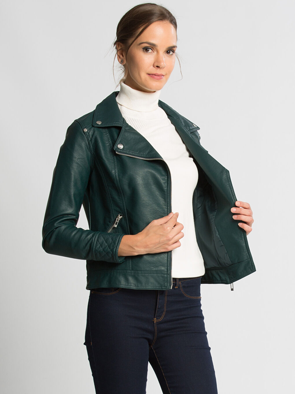 Orman Yeşili Deri Görünümlü Mont-1