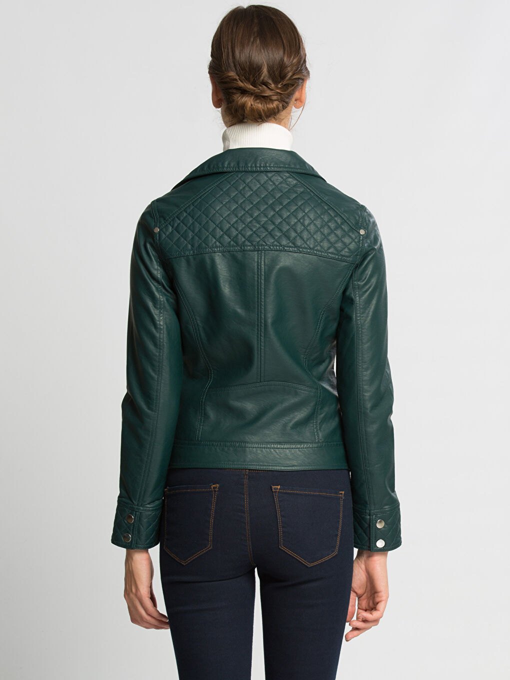 Orman Yeşili Deri Görünümlü Mont-2