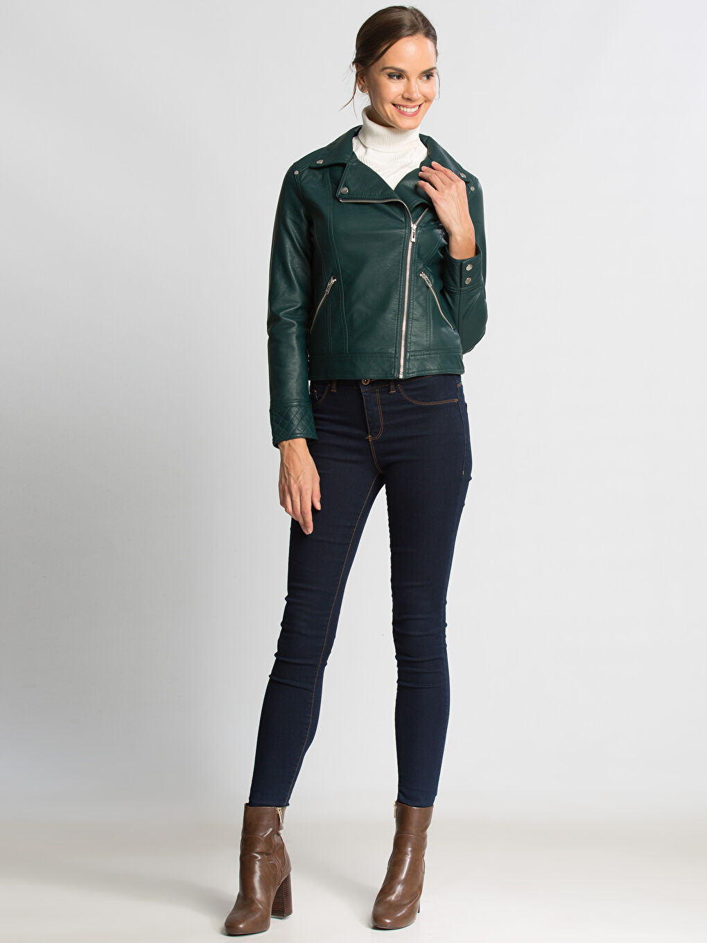 Orman Yeşili Deri Görünümlü Mont-3