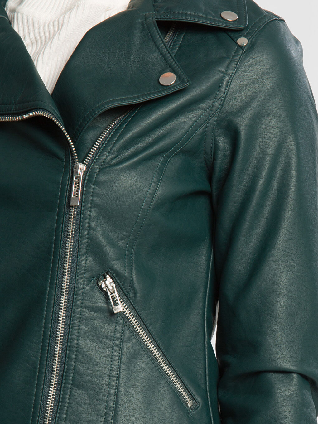 Orman Yeşili Deri Görünümlü Mont-4