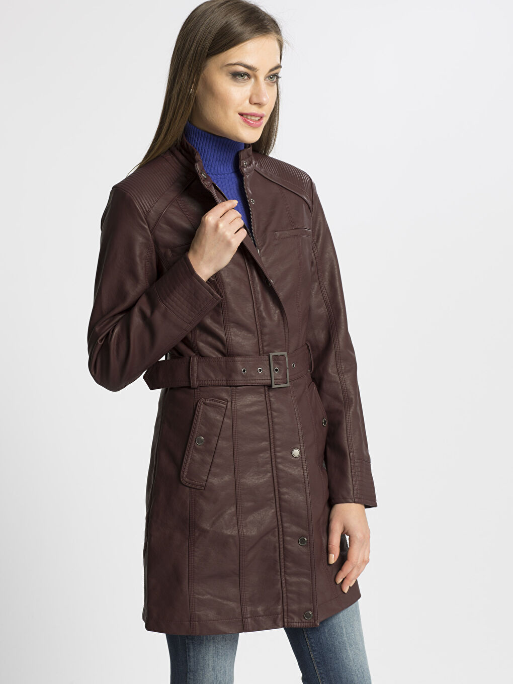 Bordo Deri Görünümlü Mont