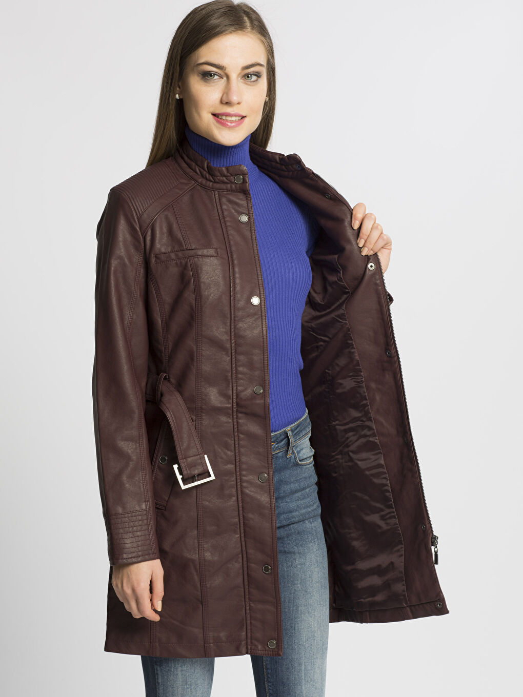 Bordo Deri Görünümlü Mont-1