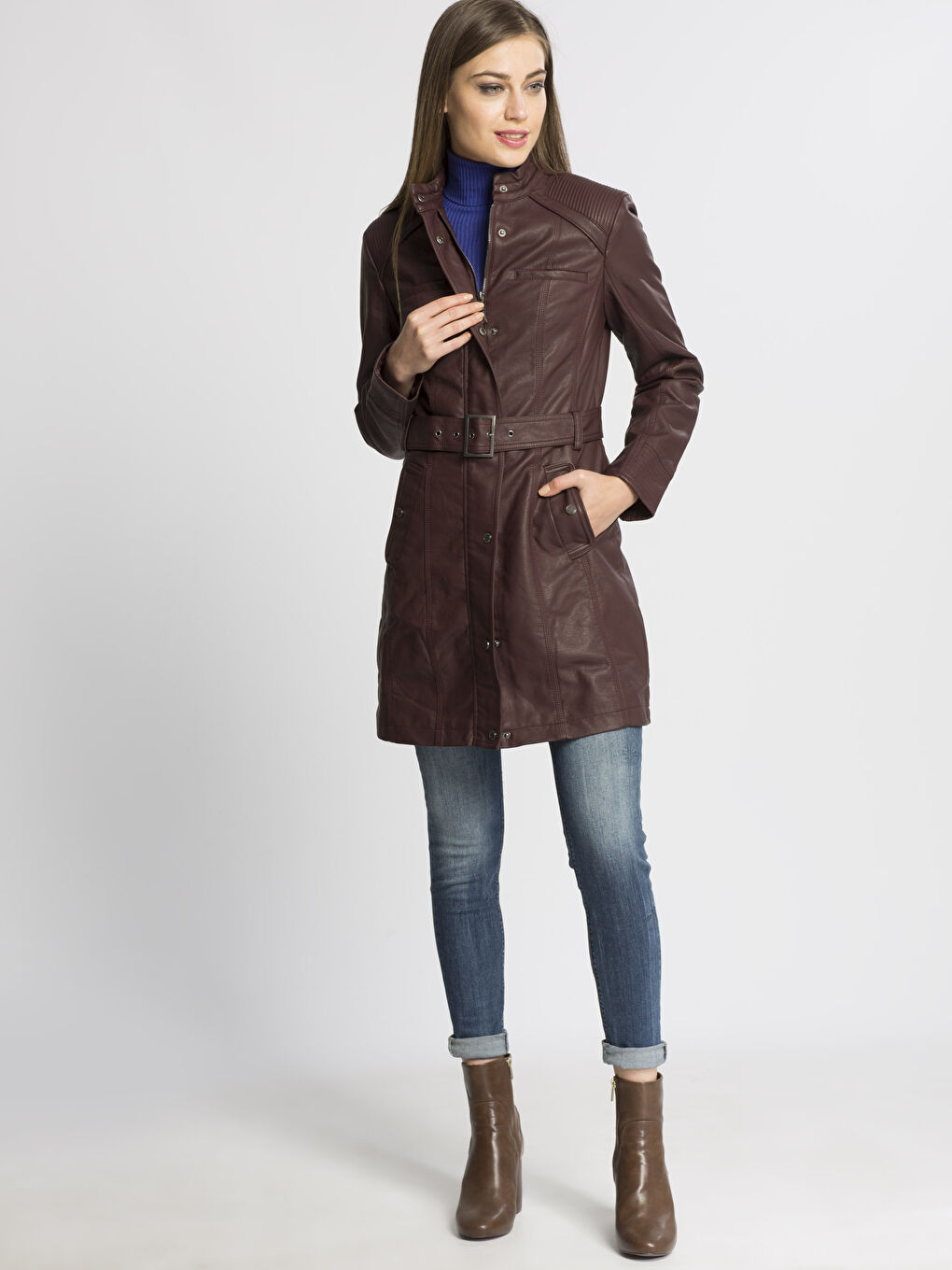 Bordo Deri Görünümlü Mont-3