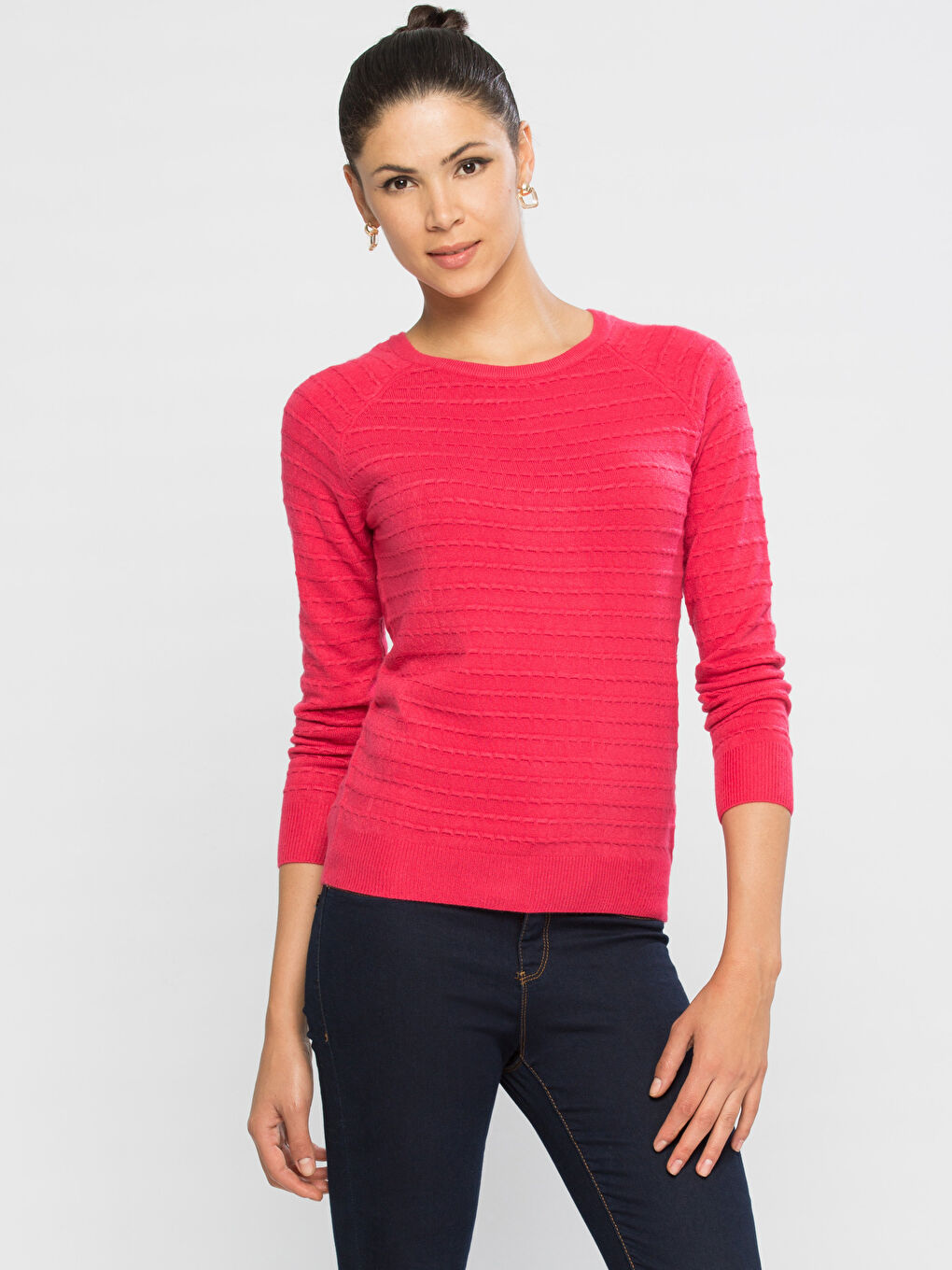 Fuşya Düz Bisiklet Yaka Kazak