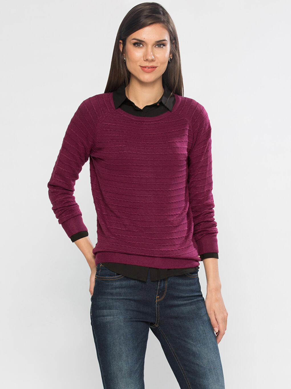 Mor Düz Bisiklet Yaka Kazak