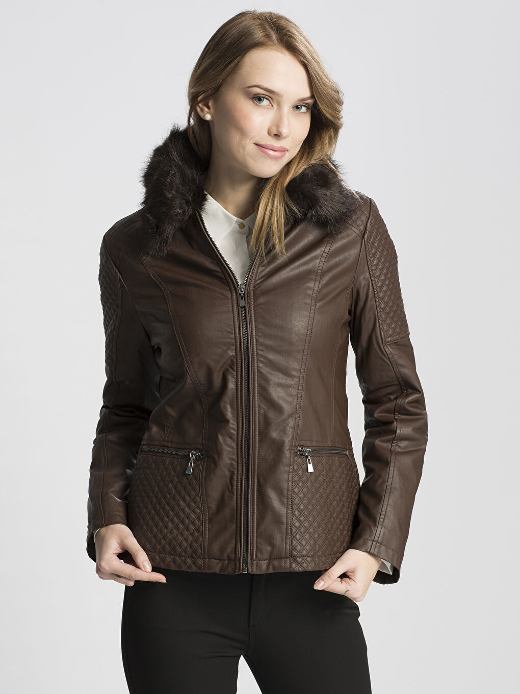 Kahverengi Koyu Kahve Deri Görünümlü Mont