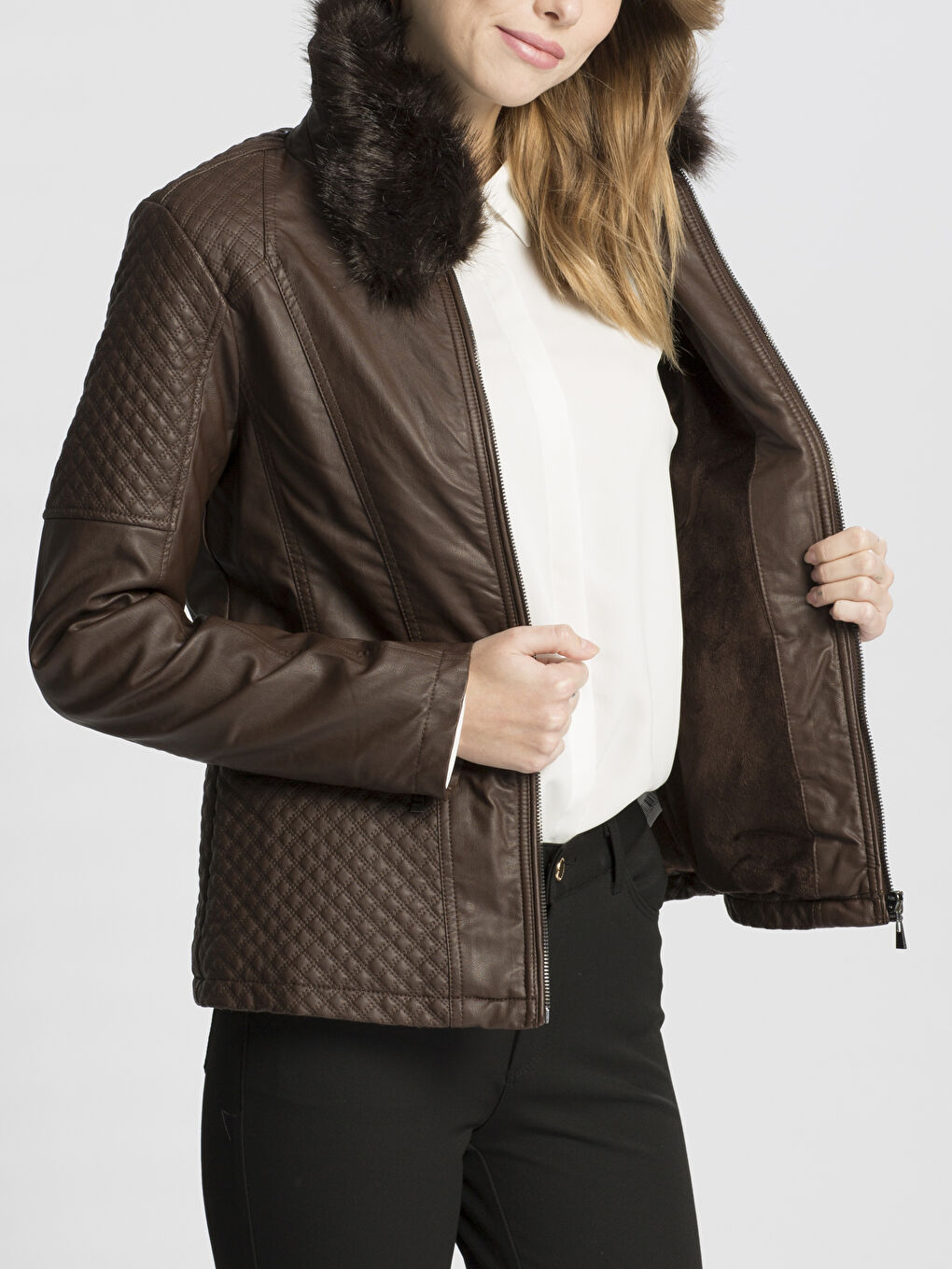 Kahverengi Koyu Kahve Deri Görünümlü Mont-1