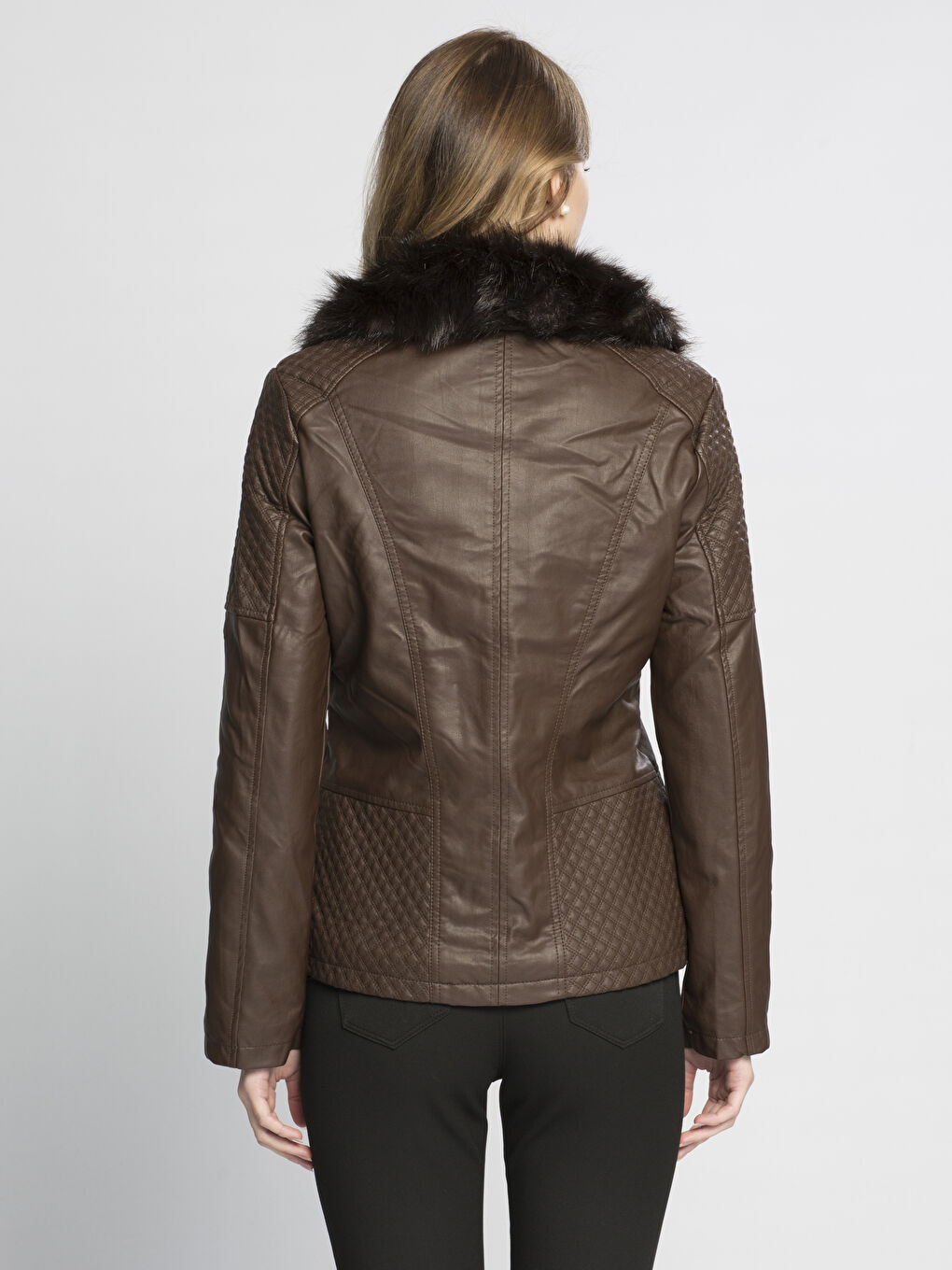 Kahverengi Koyu Kahve Deri Görünümlü Mont-2