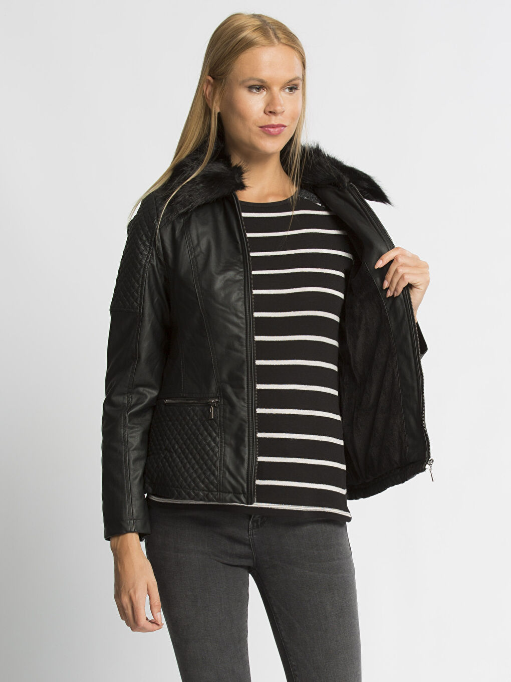 Yeni Siyah Deri Görünümlü Mont-1